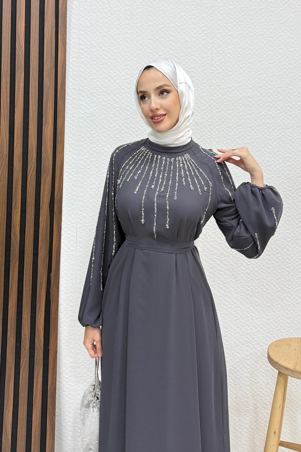 Yeşim Şifon Abiye Koyu Gri