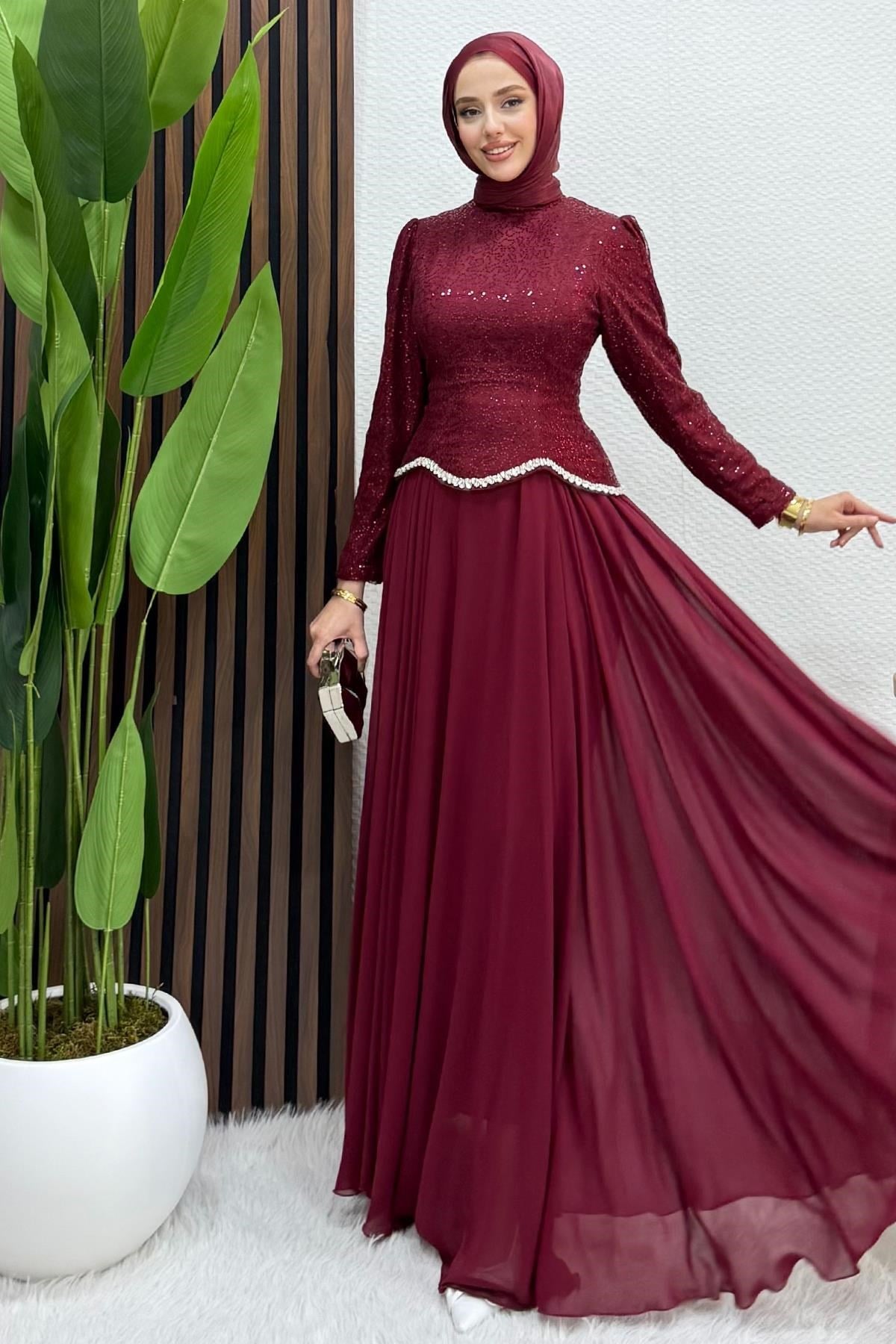 Zarin Dantel Abiye Bordo