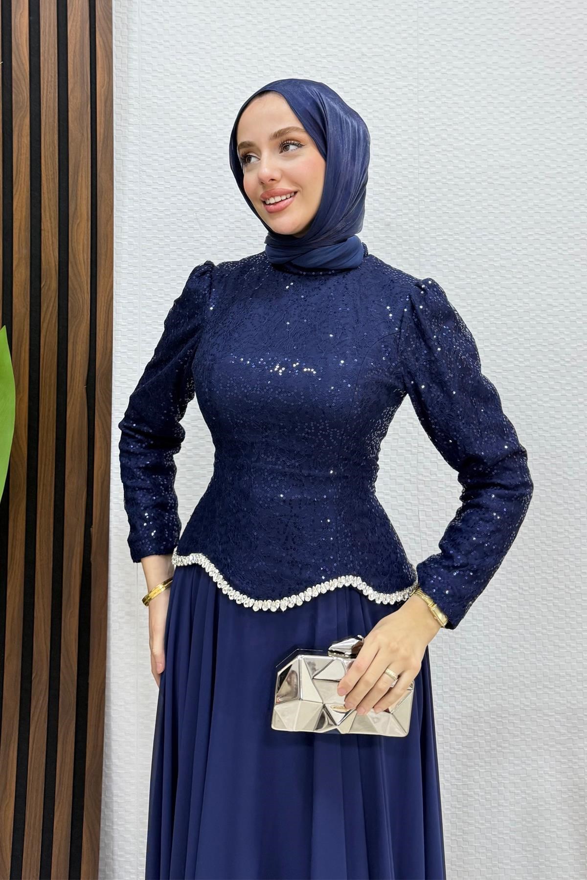 Zarin Dantel Abiye Lacivert