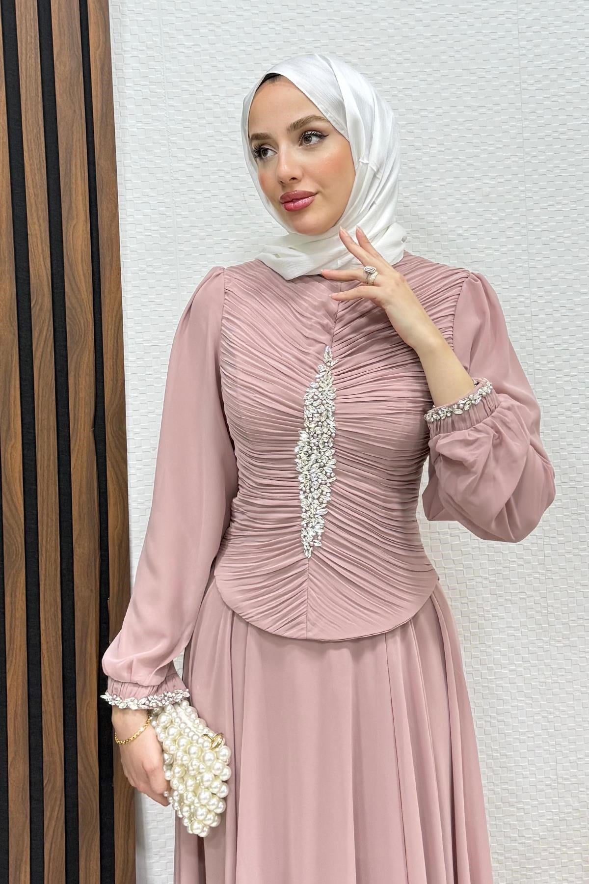 Zuzan Şifon Abiye Açık Gül Kurusu