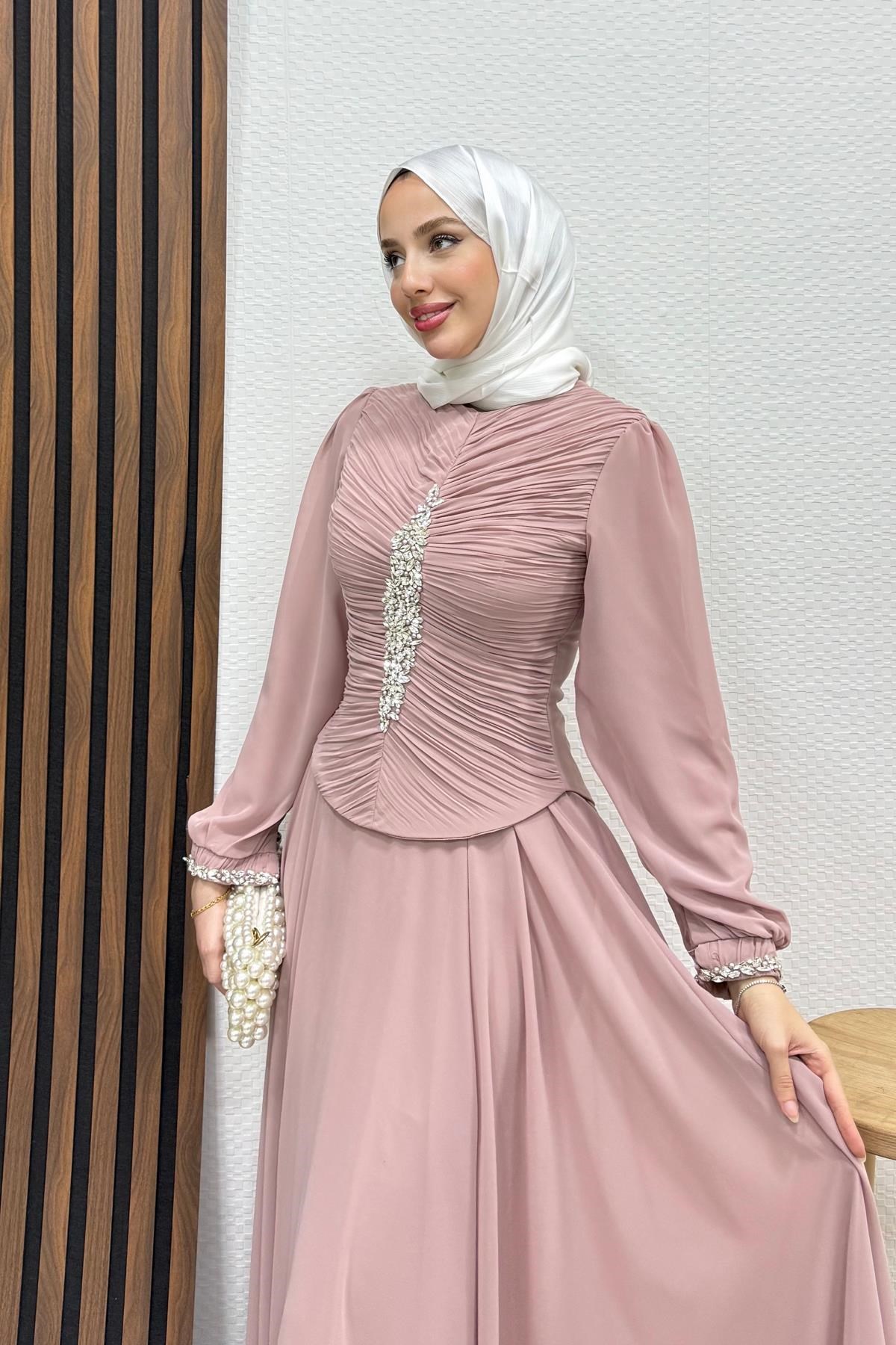 Zuzan Şifon Abiye Açık Gül Kurusu