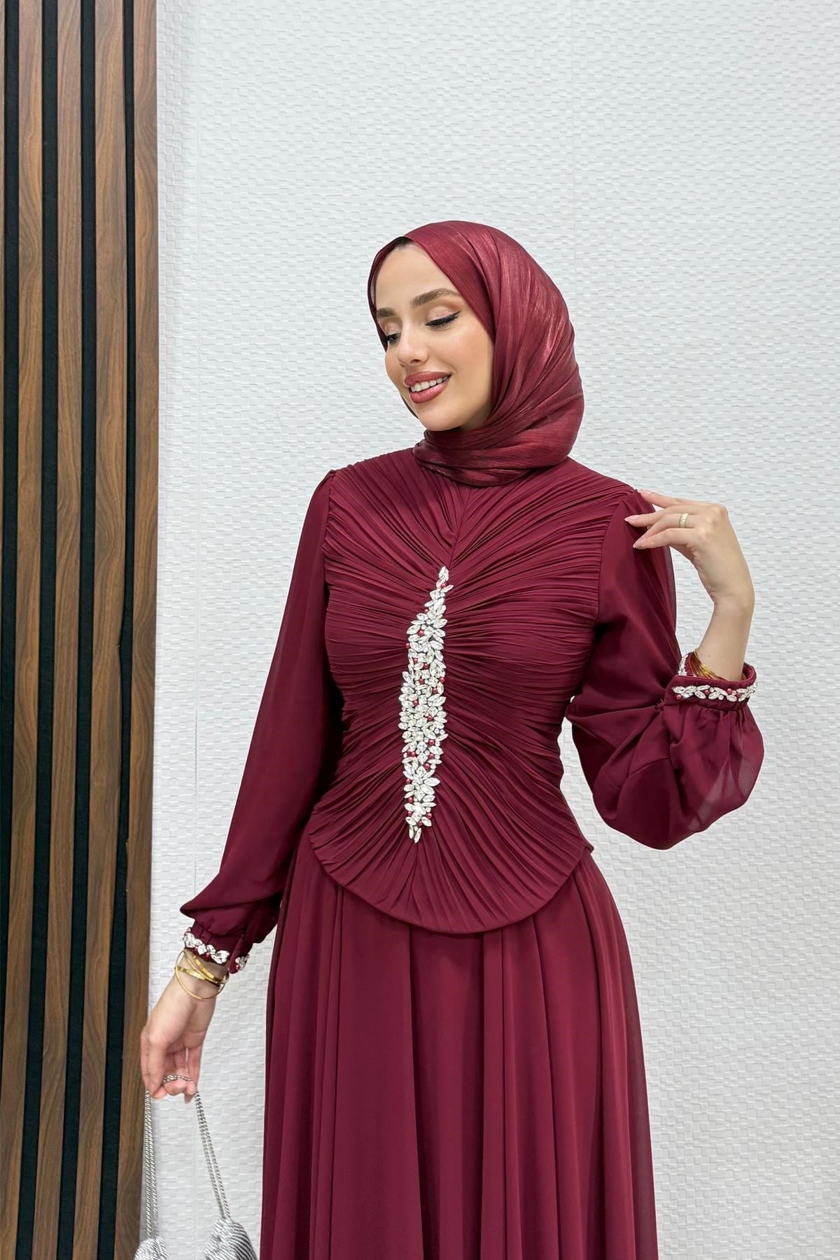 Zuzan Şifon Abiye Bordo