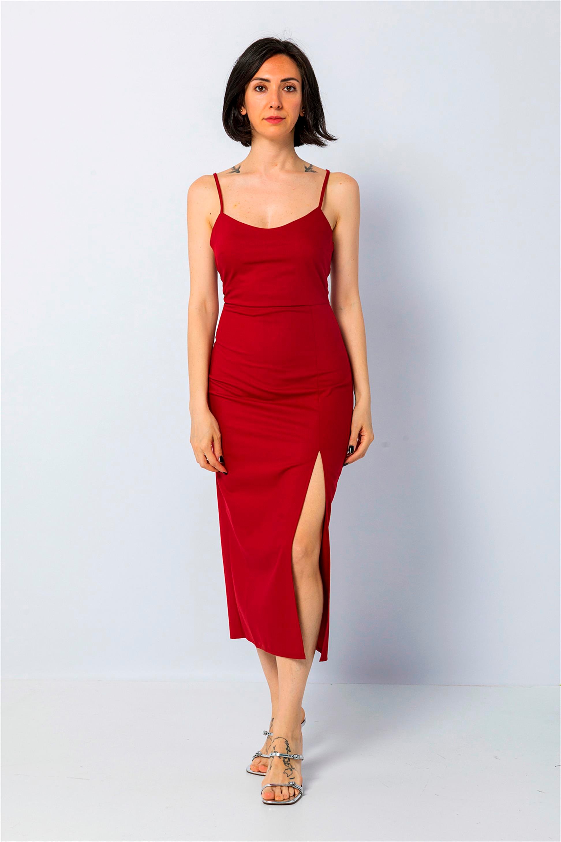 Strap Narrow Form Midi Dress with Slit on the Legs Burgundy