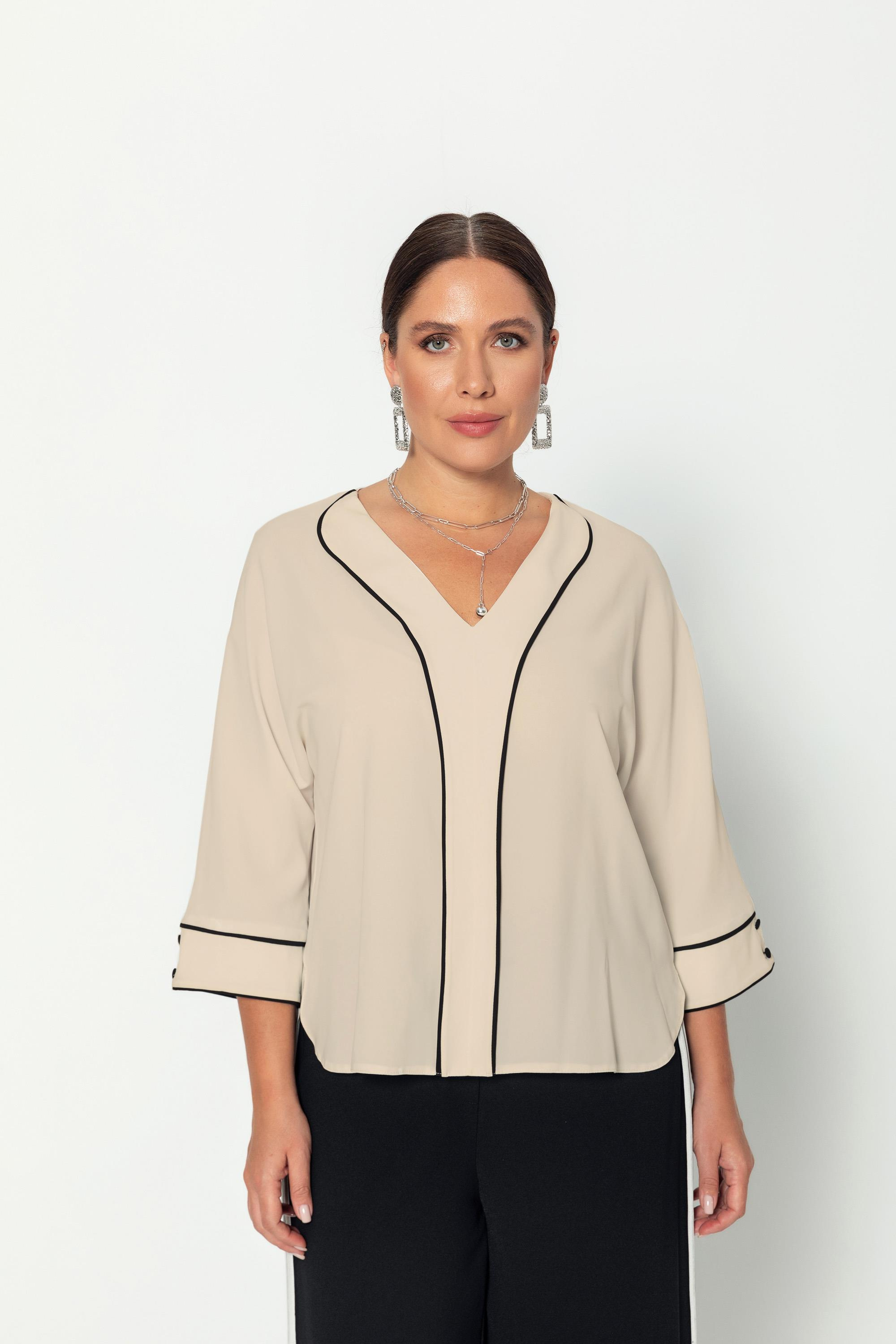 Bi̇ye Detaylı V Yaka Yarasa  Kol Bluz Bej