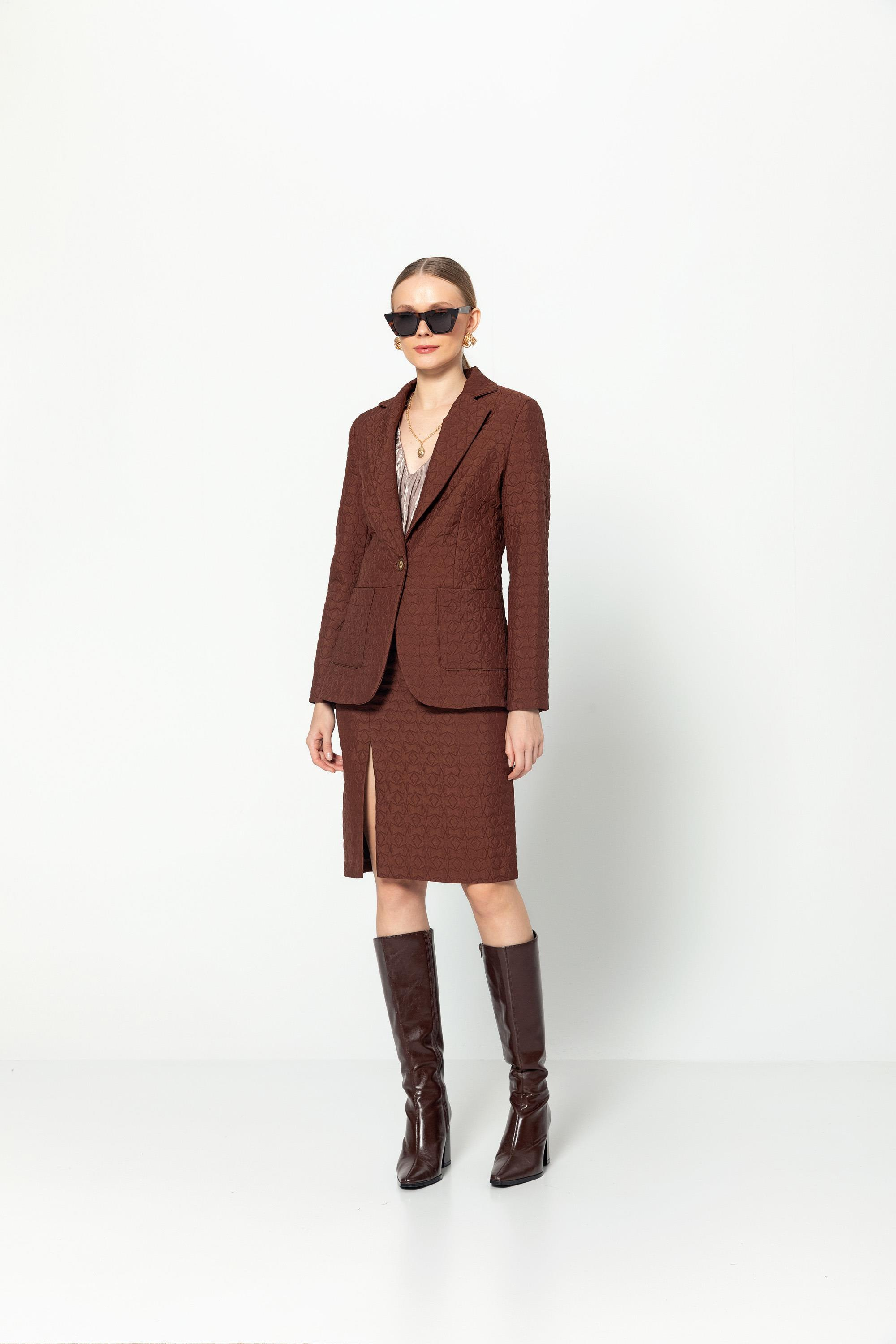 Cepli̇ Astarlı Kapi̇tone Jakar Desenli̇ Ceket Kahve