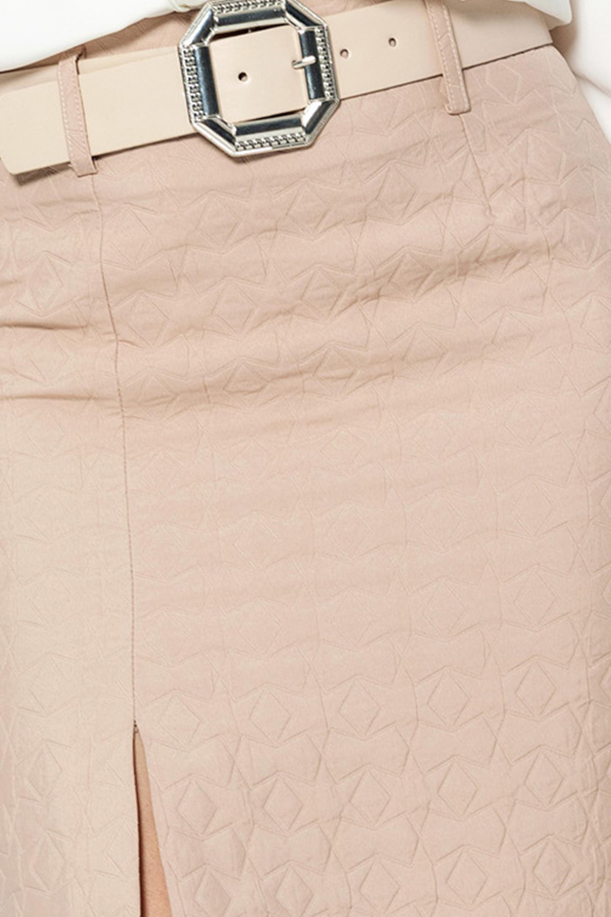 Deri̇ Kemerli̇ Di̇z Boy Astarsız Kapi̇tone Jakar Desenli̇ Etek Bej