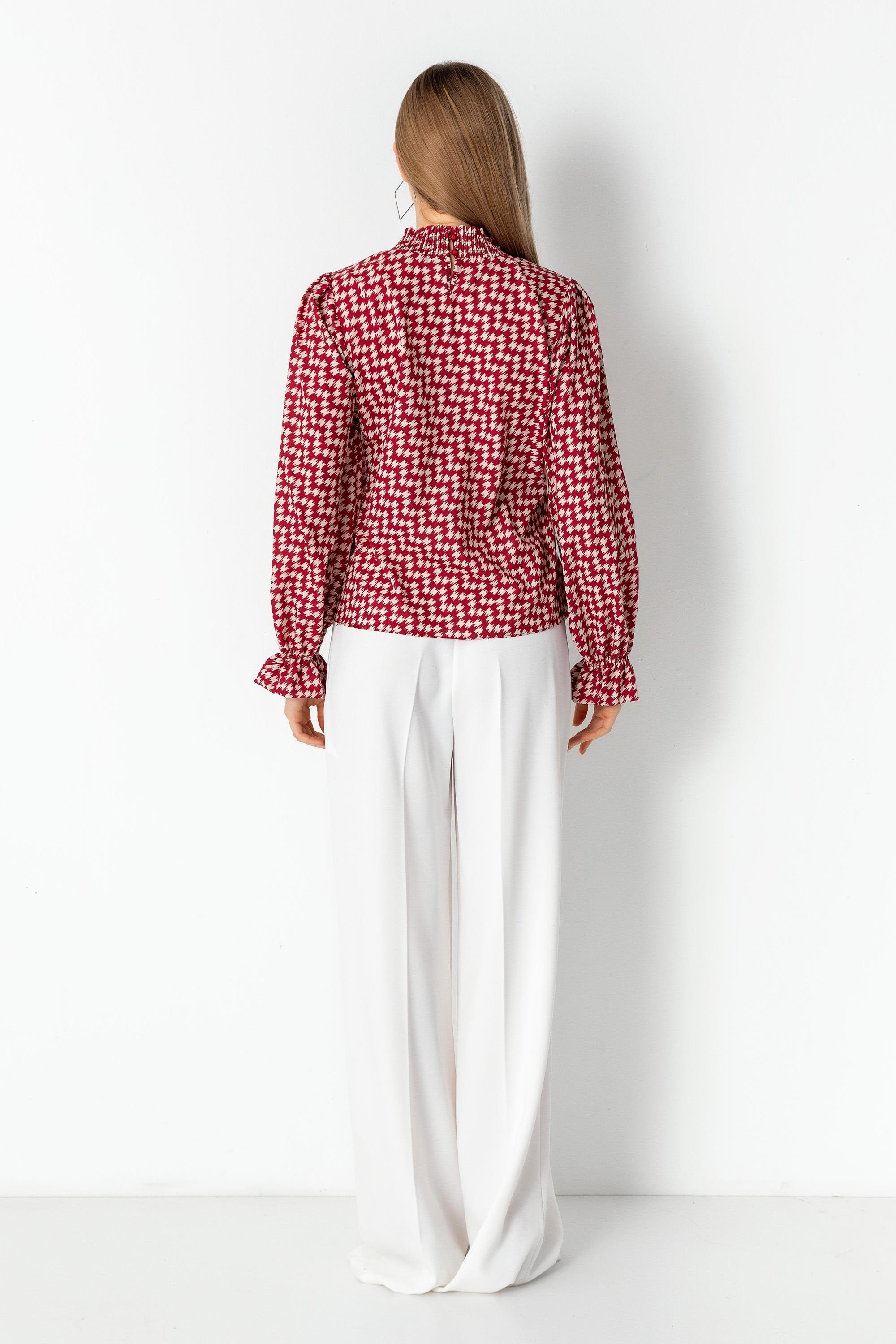 Desenli Gipe Yakalı Uzun Kollu Bluz Koyu Kırmızı