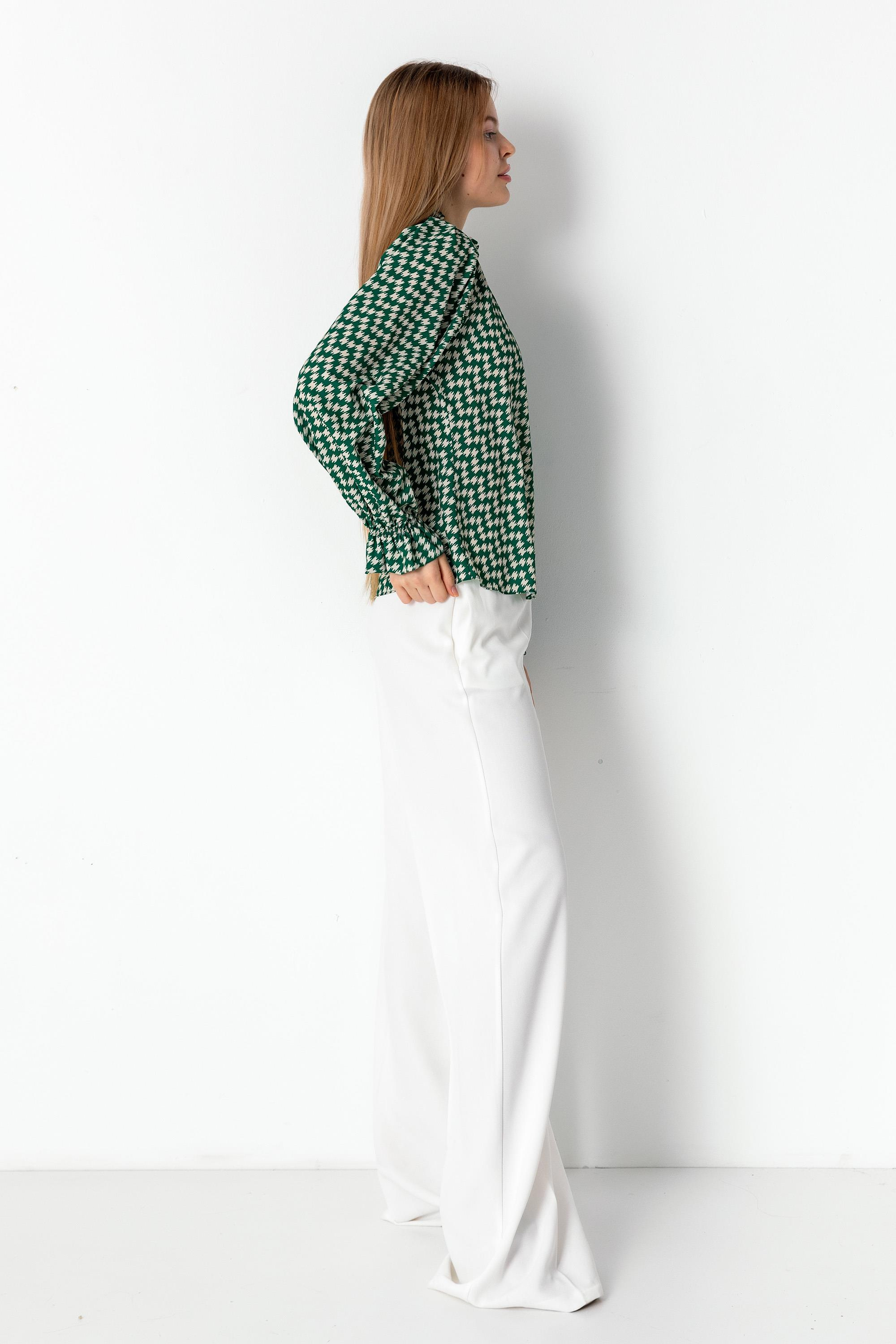 Desenli Gipe Yakalı Uzun Kollu Bluz Yeşil