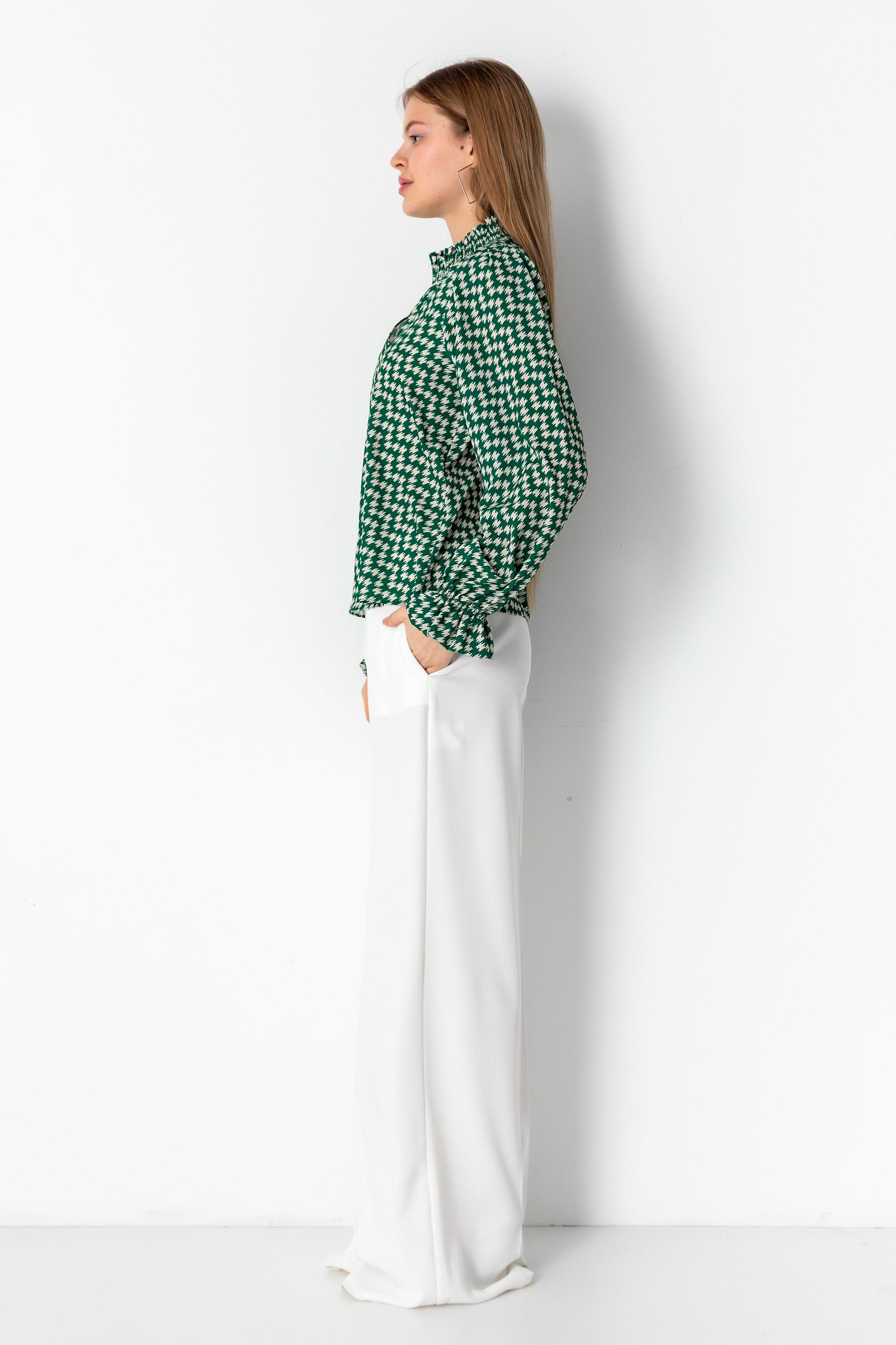 Desenli Gipe Yakalı Uzun Kollu Bluz Yeşil