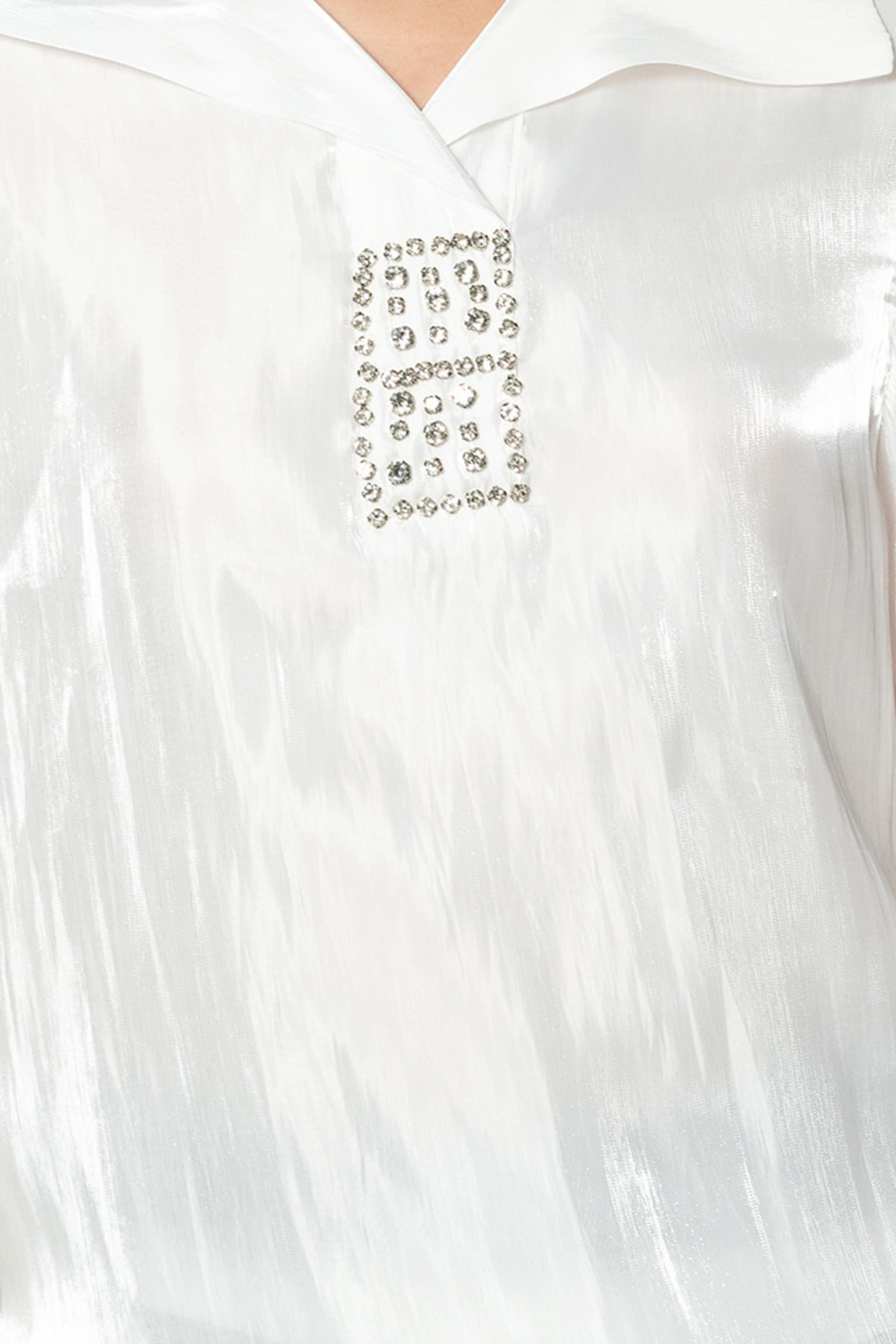 Gömlek Yaka Taş Detaylı Truvakar Kol Bluz Beyaz