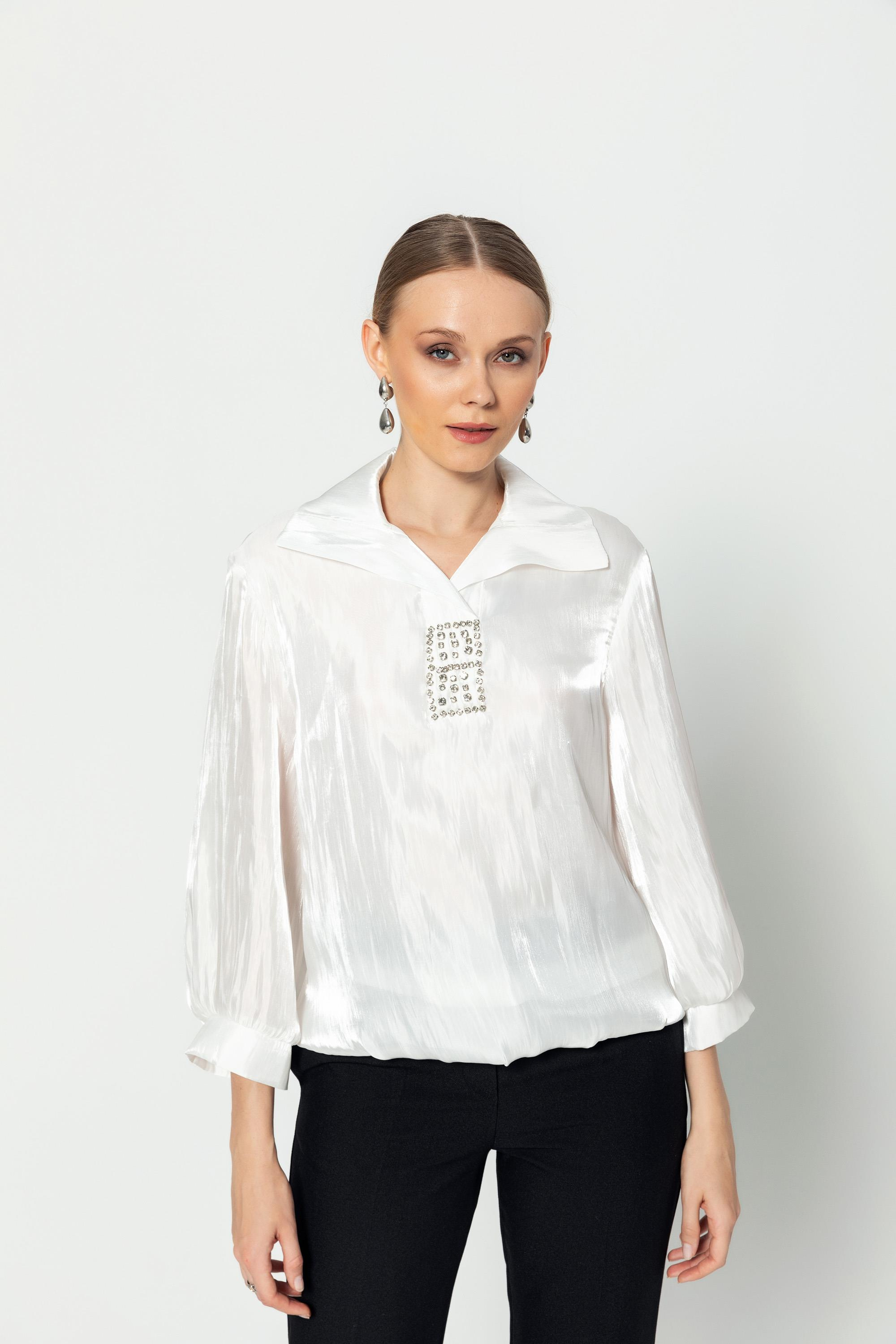 Gömlek Yaka Taş Detaylı Truvakar Kol Bluz Beyaz