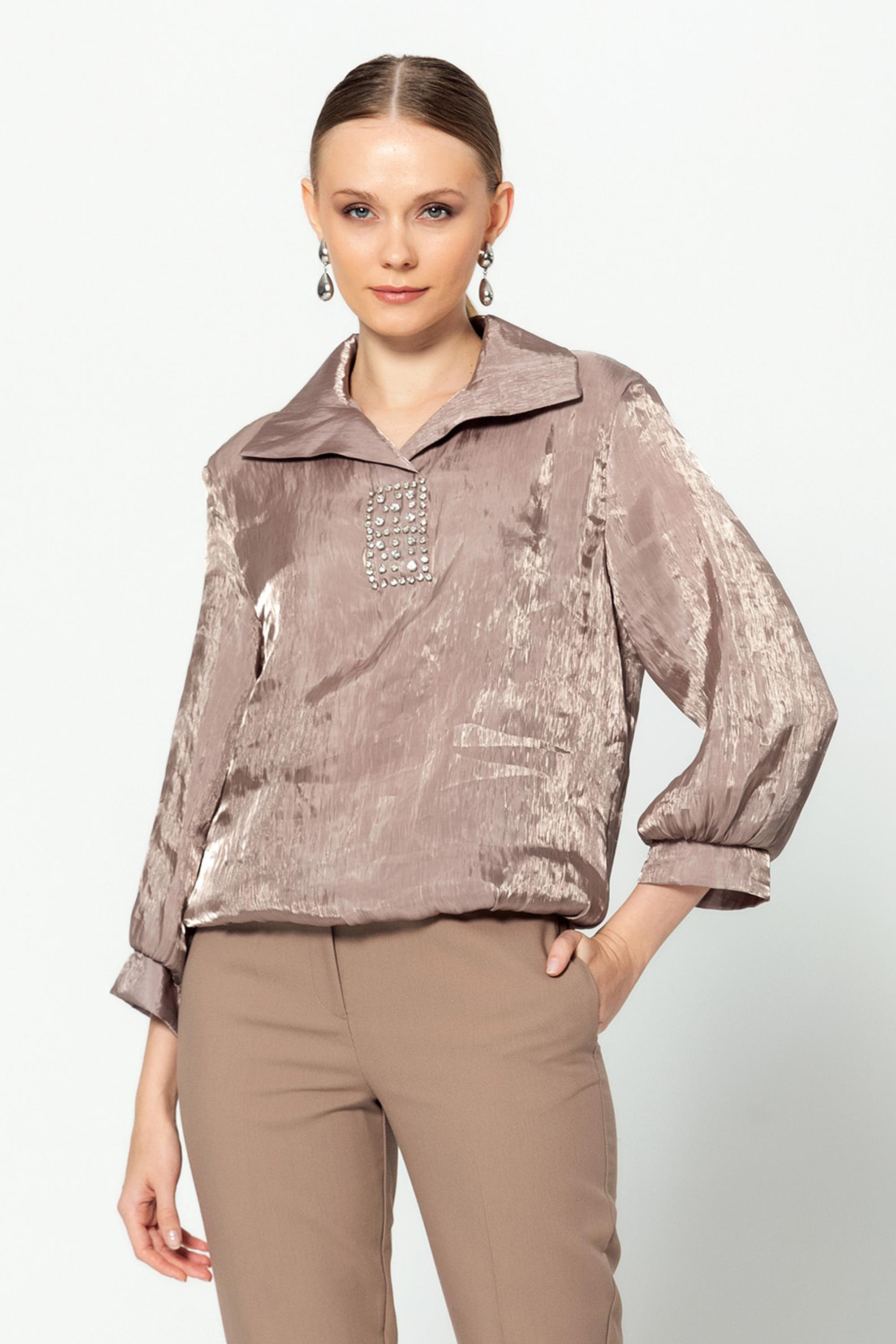 Gömlek Yaka Taş Detaylı Truvakar Kol Bluz Vizon