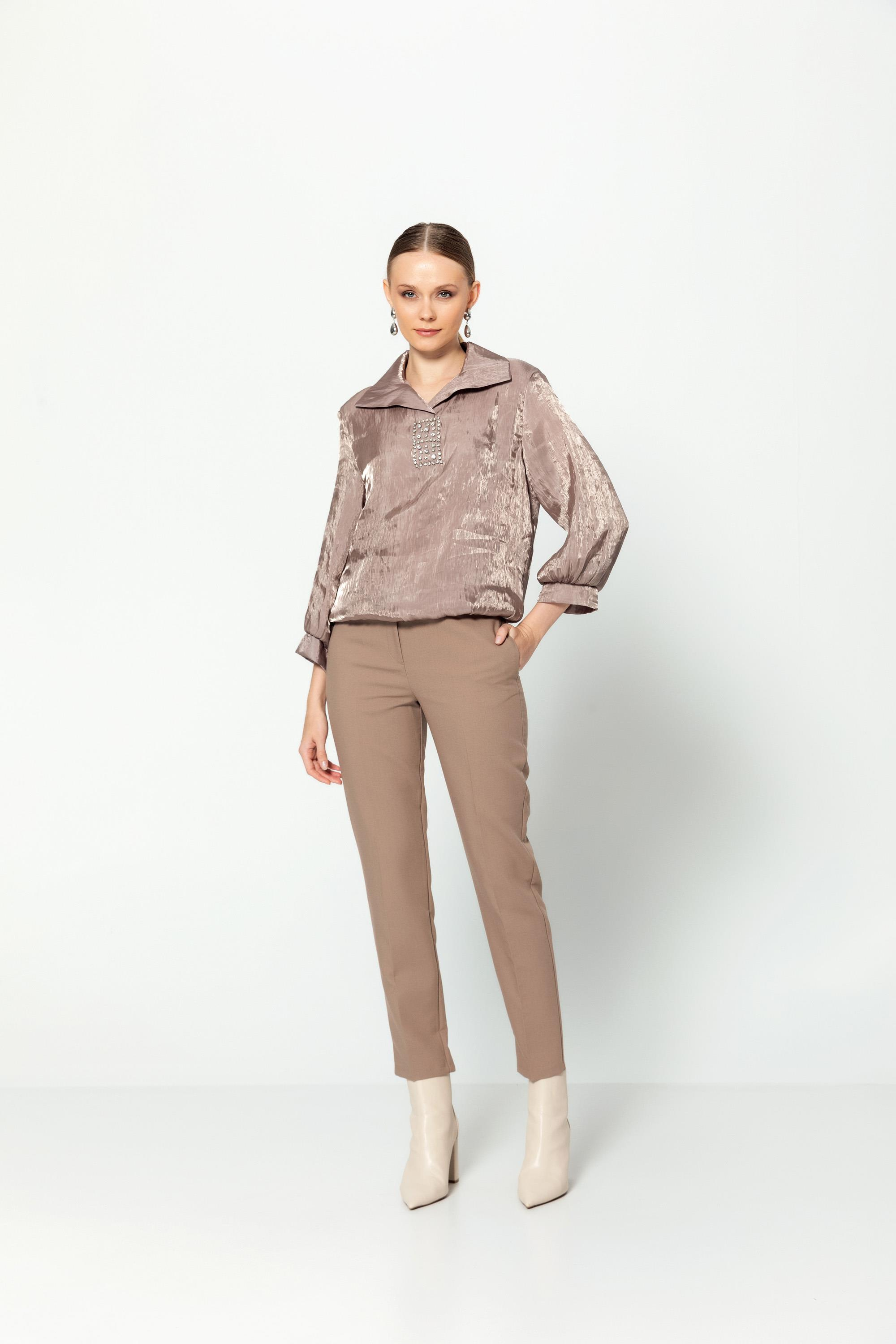 Gömlek Yaka Taş Detaylı Truvakar Kol Bluz Vizon