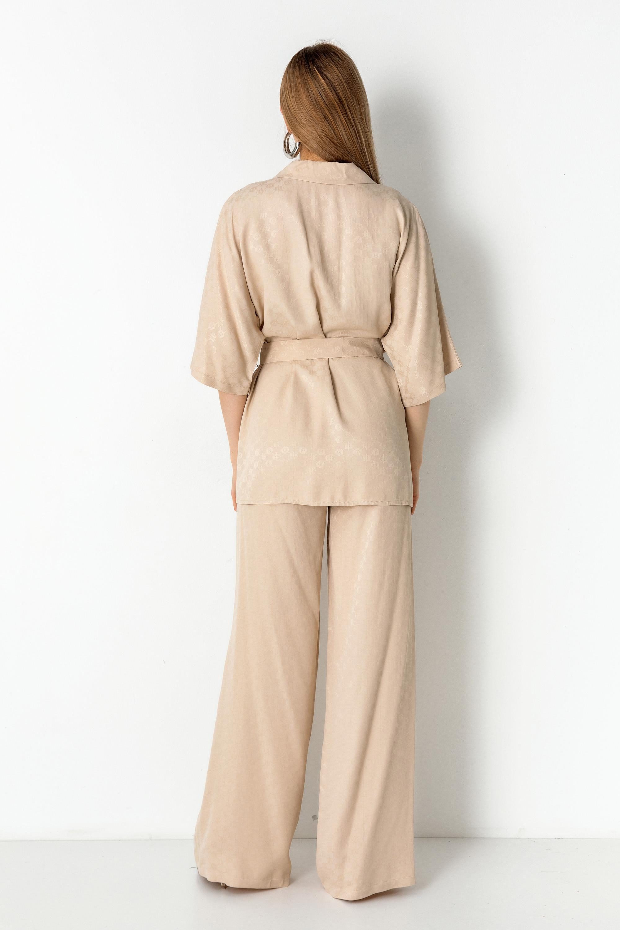 Jakarlı Astarsız Kimono Takım Beige