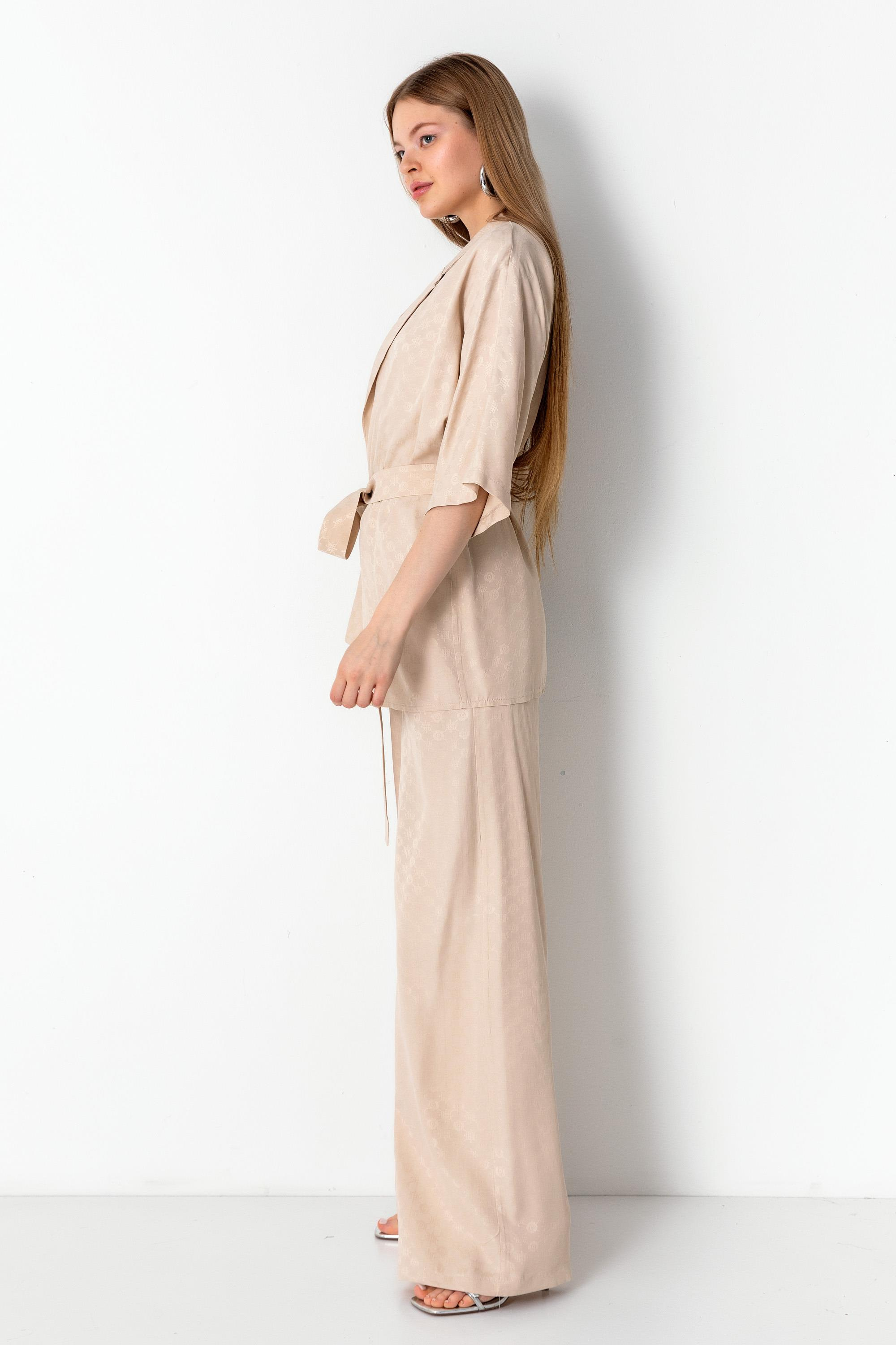 Jakarlı Astarsız Kimono Takım Beige