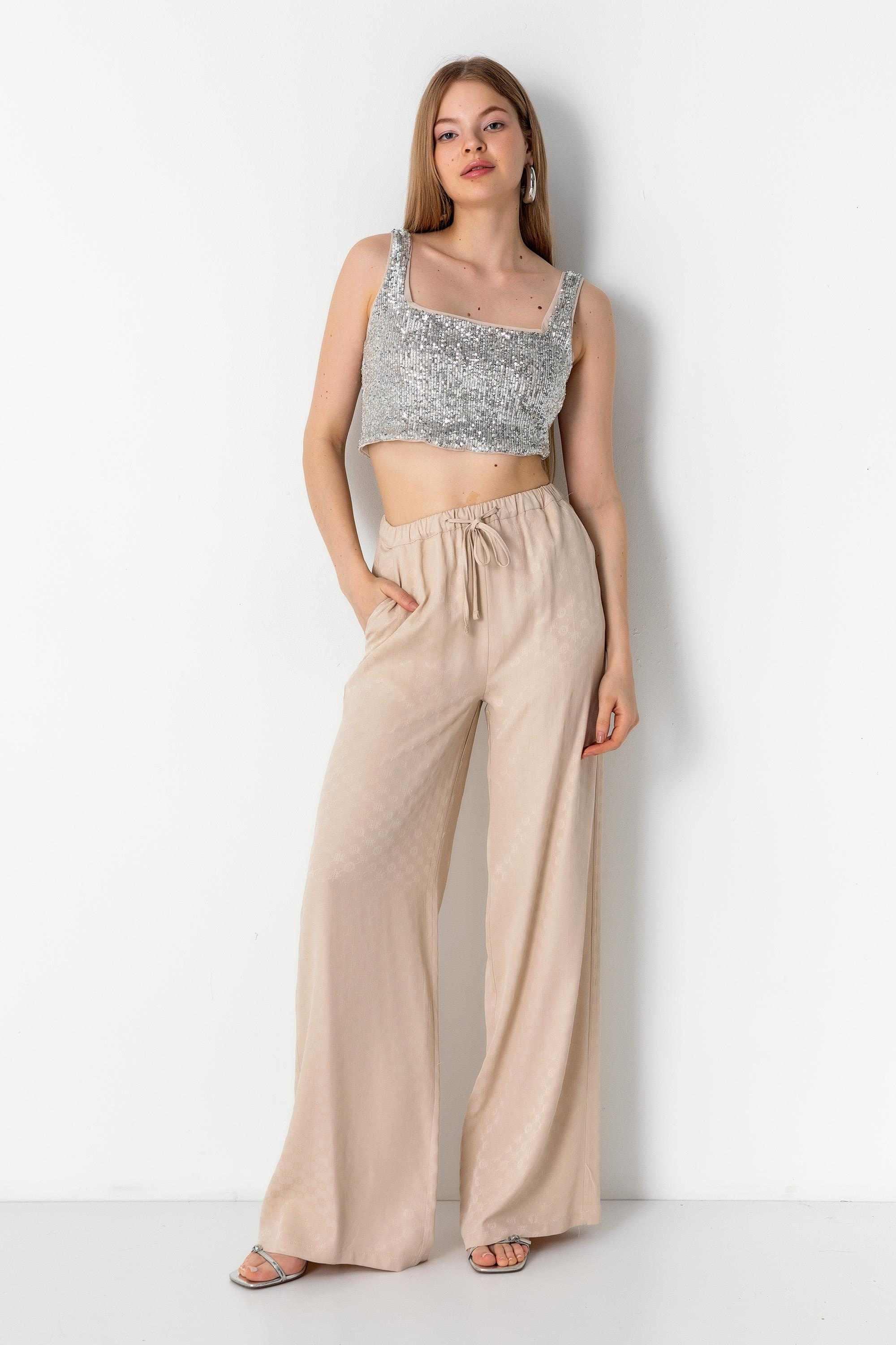 Jakarlı Astarsız Kimono Takım Beige