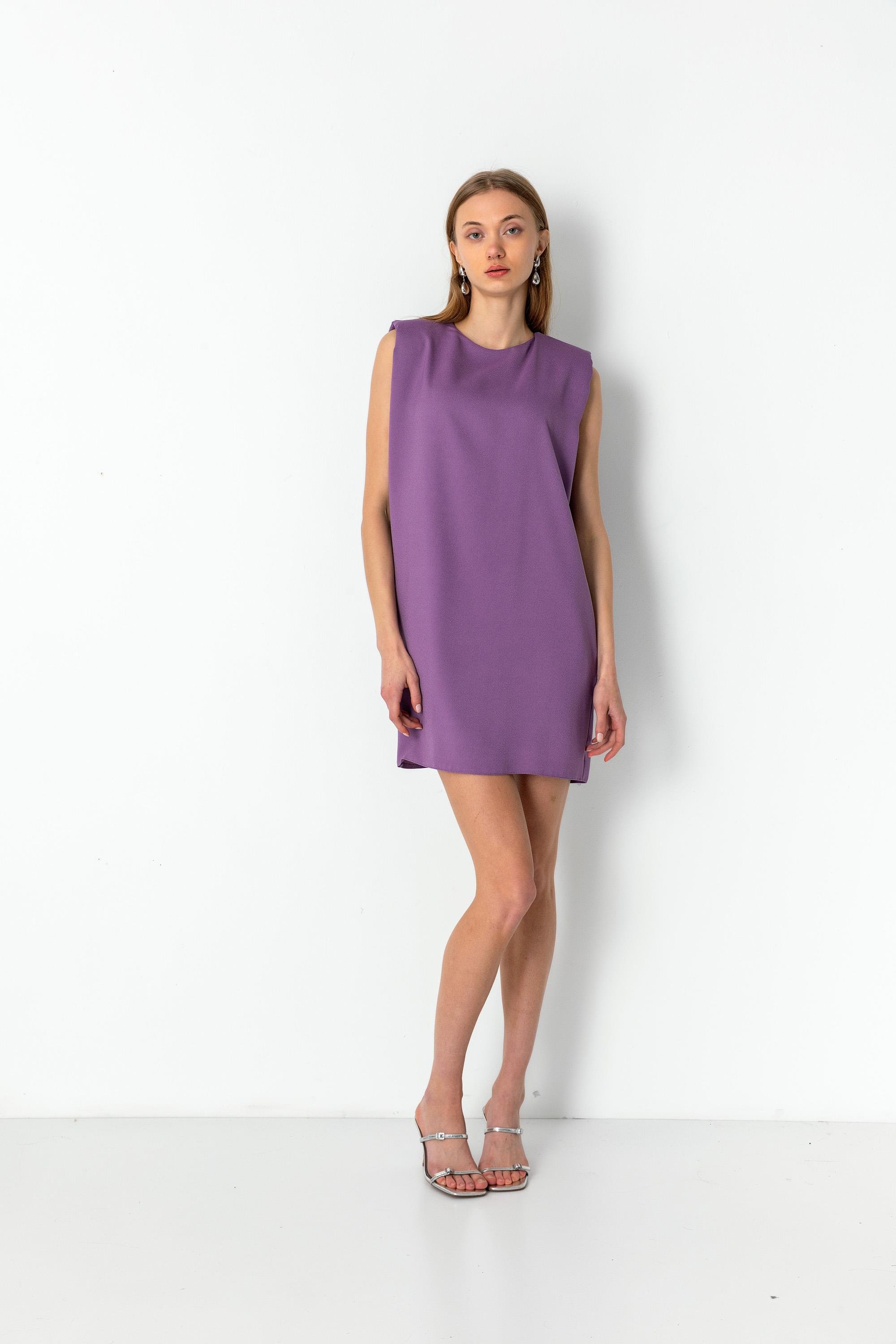 Kemerli Sıfır Kol Astarlı Mini Elbise Lavanta