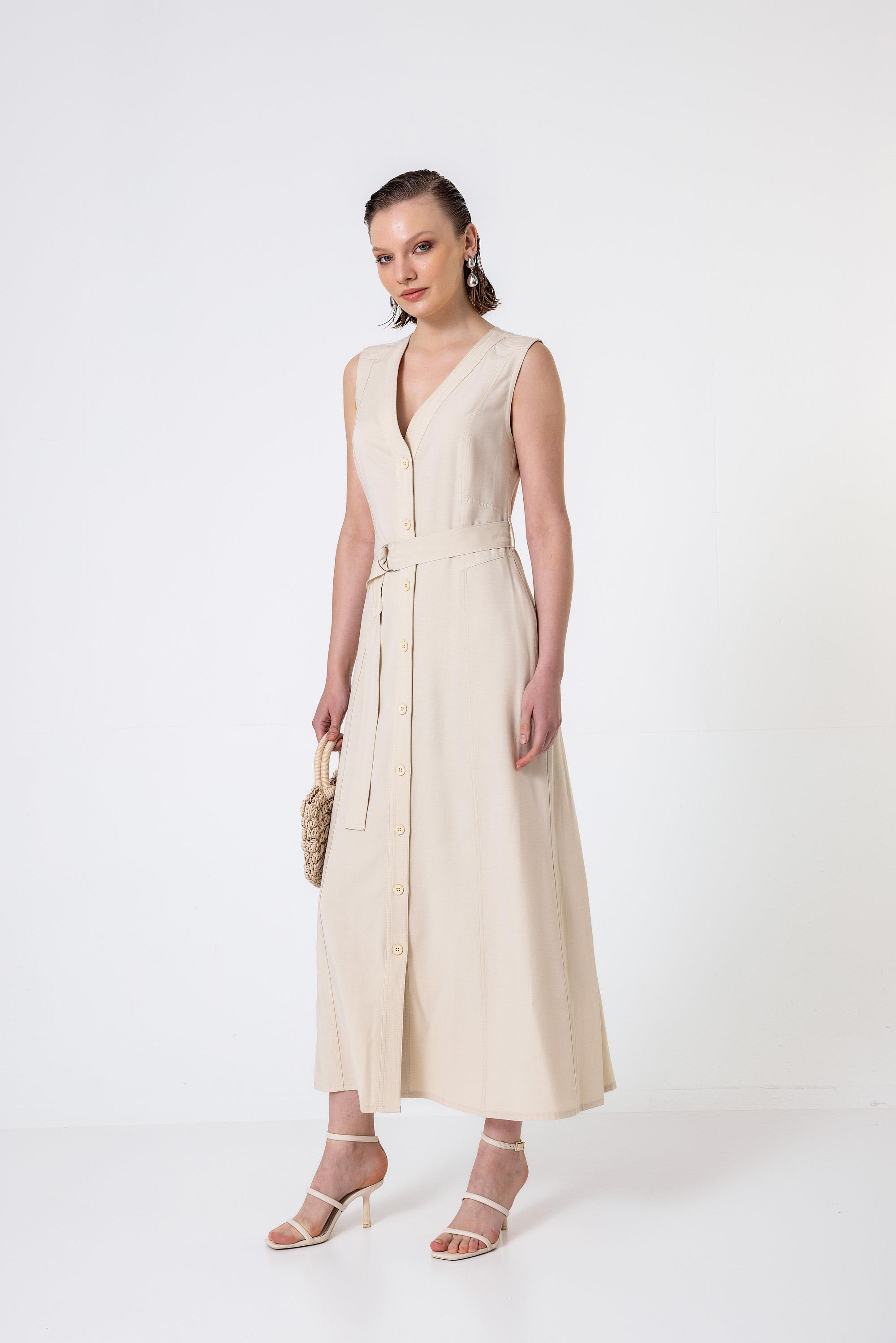 Kemerli V Yakalı Düğmeli Midi Boy Elbise Taş