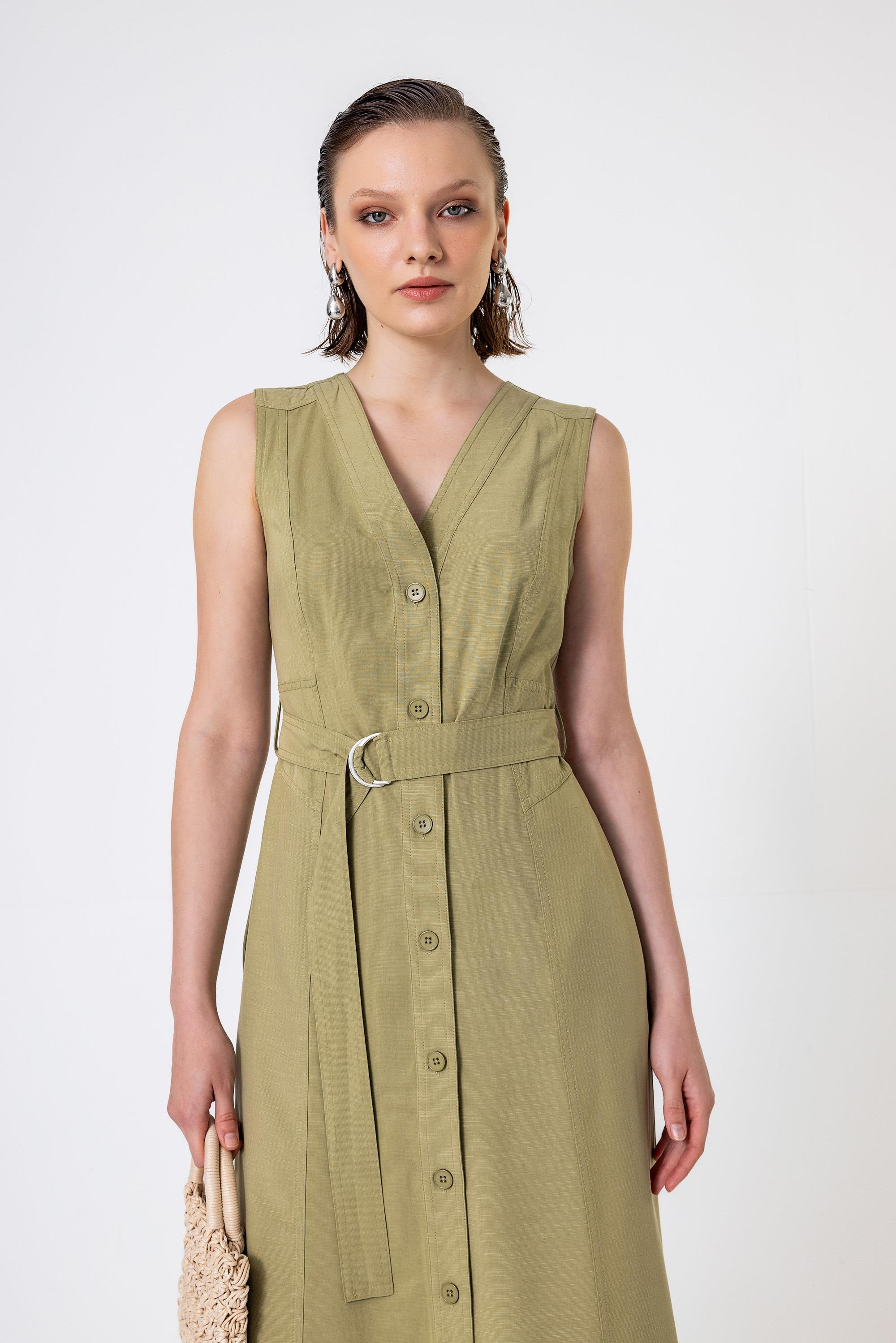 Kemerli V Yakalı Düğmeli Midi Boy Elbise Haki