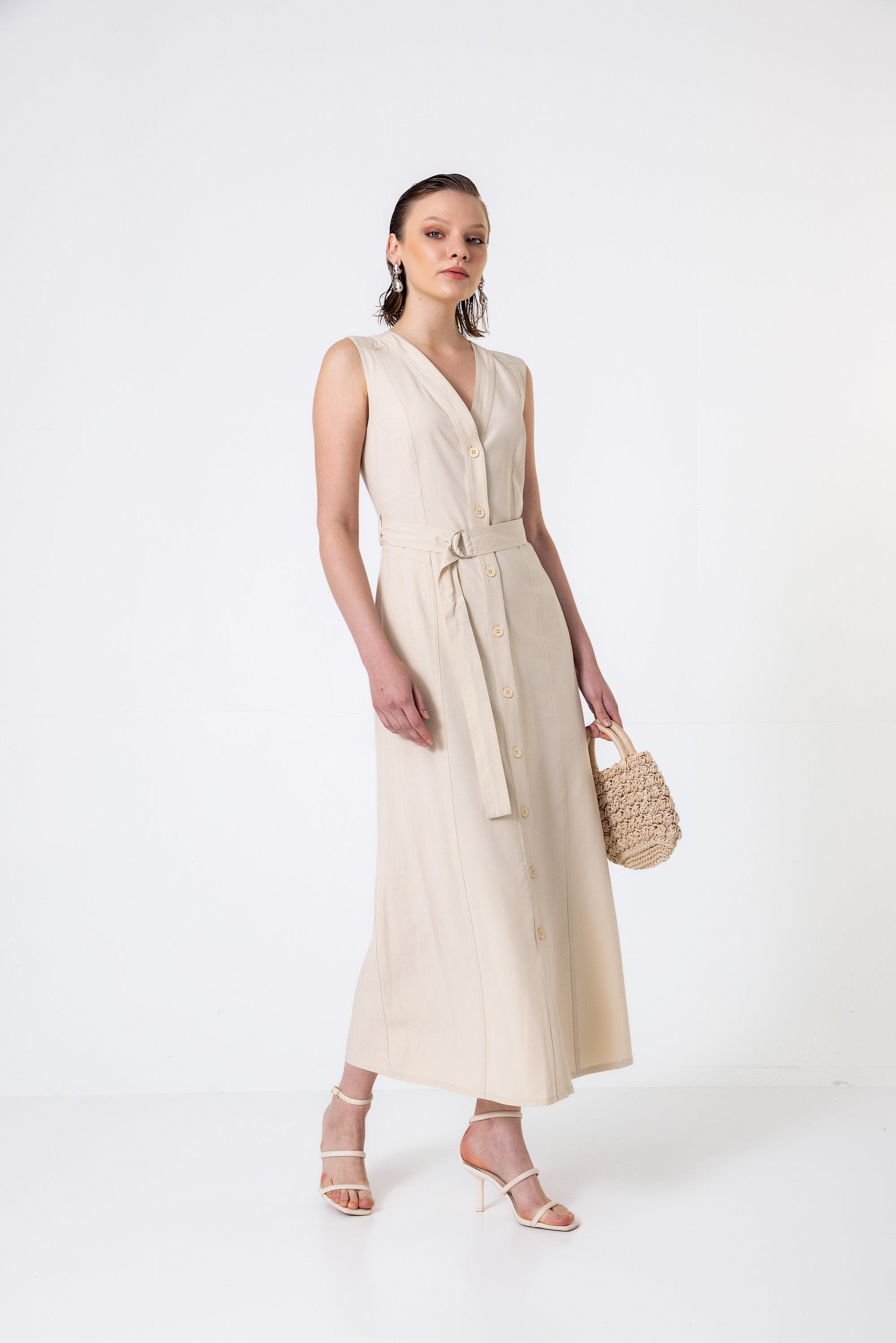 Kemerli V Yakalı Düğmeli Midi Boy Elbise Taş