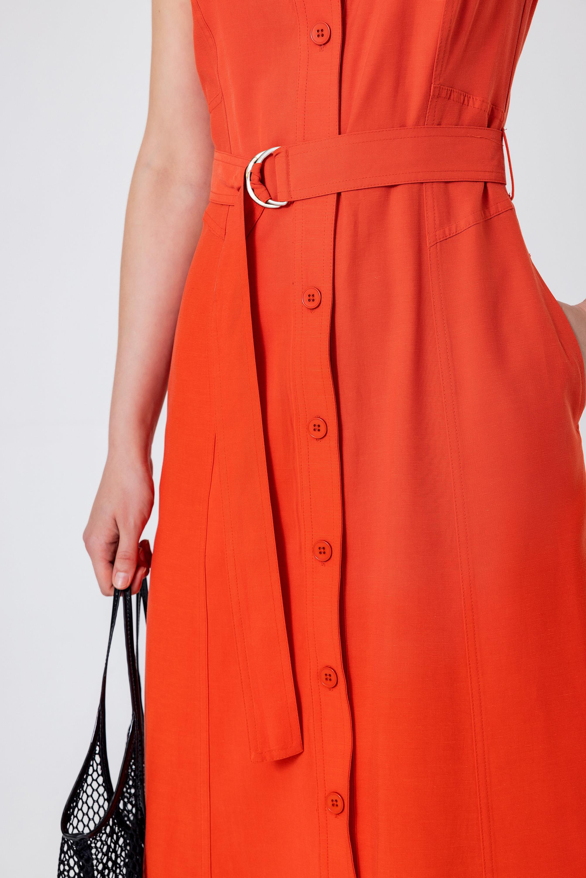 Kemerli V Yakalı Düğmeli Midi Boy Elbise Turuncu