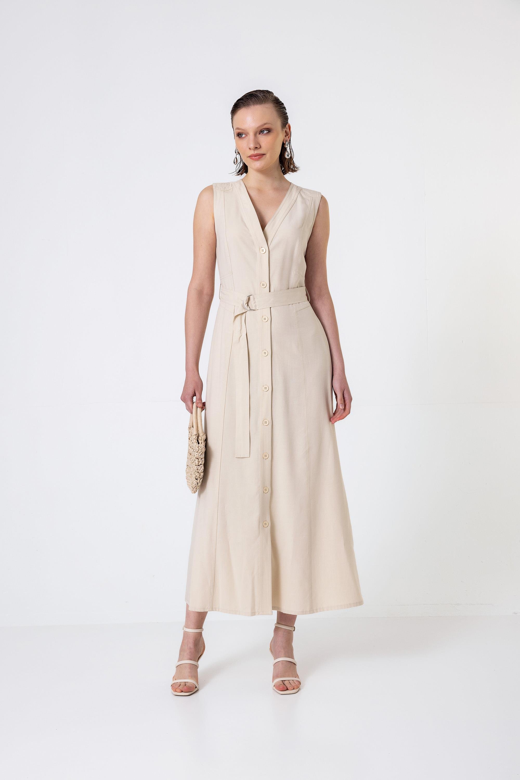 Kemerli V Yakalı Düğmeli Midi Boy Elbise Taş