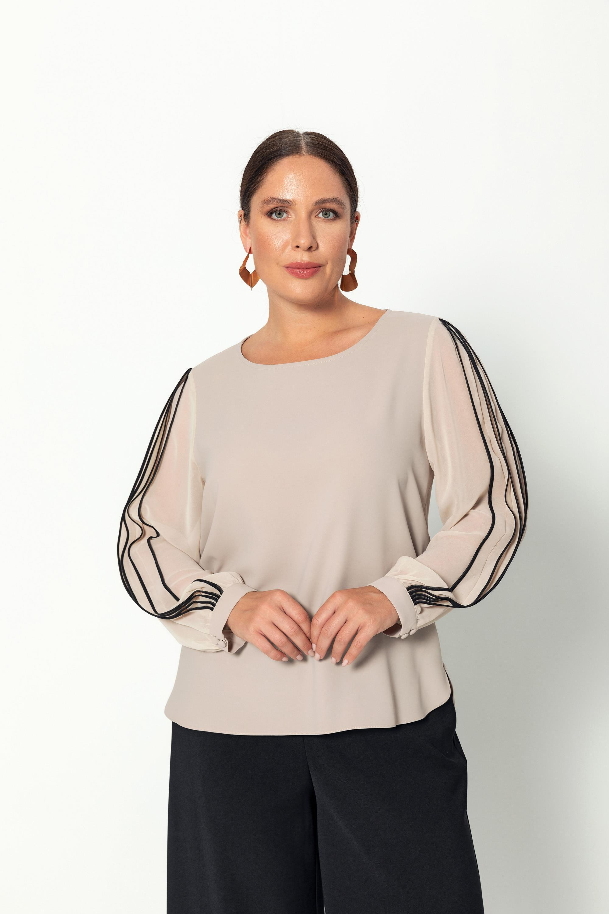 Kol Biye Detaylı Şifon Kollu Rahat Kesim Bluz Bej