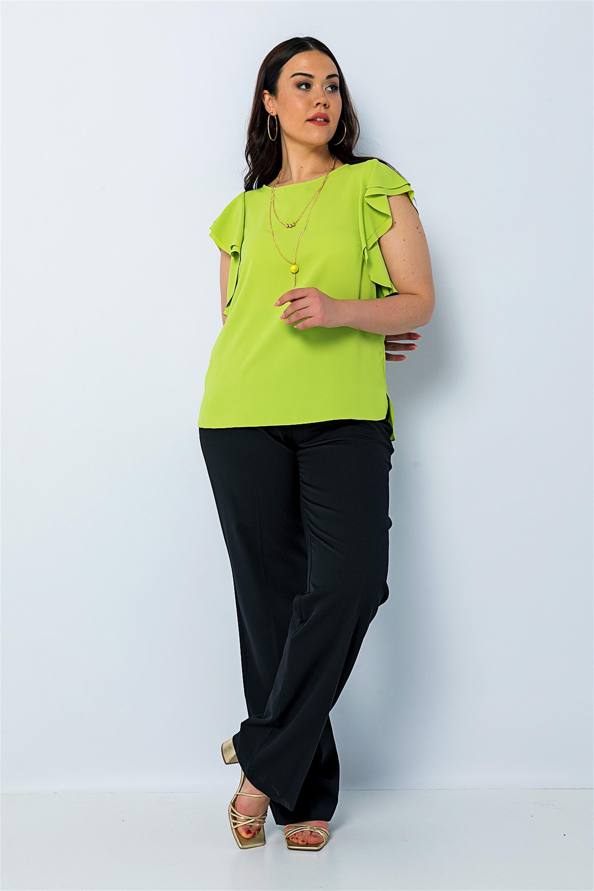 Sleeve Flounced Necklace Detailed Comfortable Cut Plus Size Blouse Love Bird