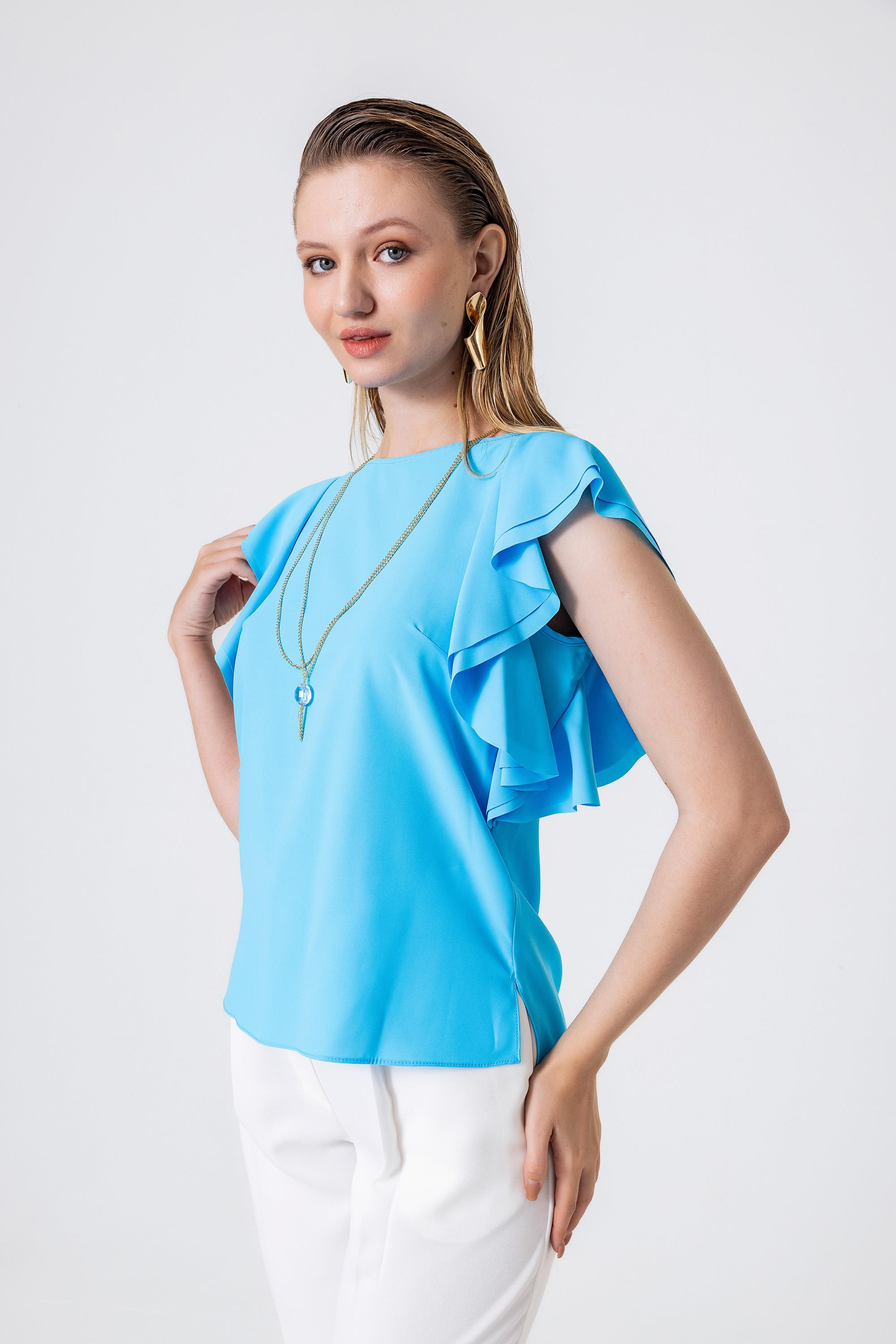 Necklace Detail Ruffled Sleeve Loose Fit Blouse Sky Blue