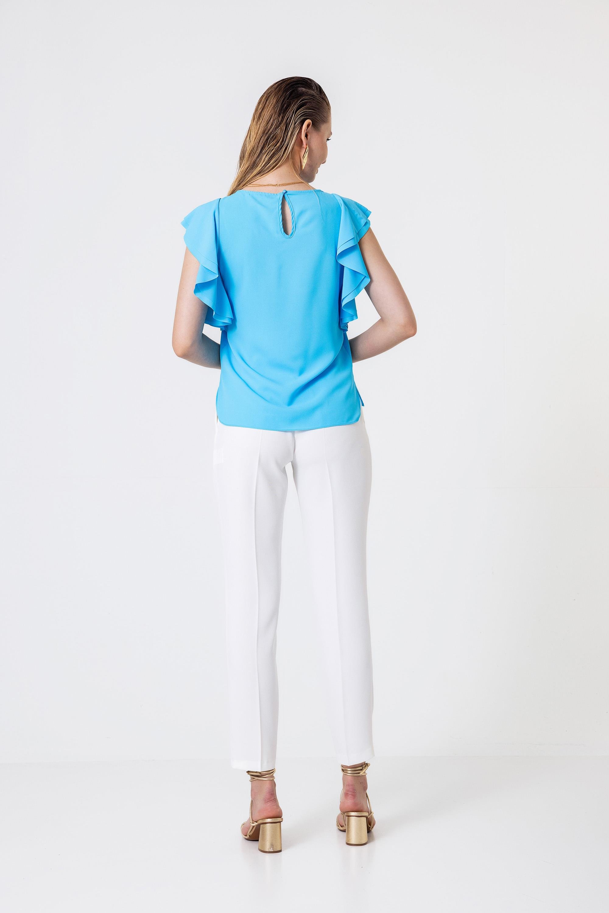 Necklace Detail Ruffled Sleeve Loose Fit Blouse Sky Blue