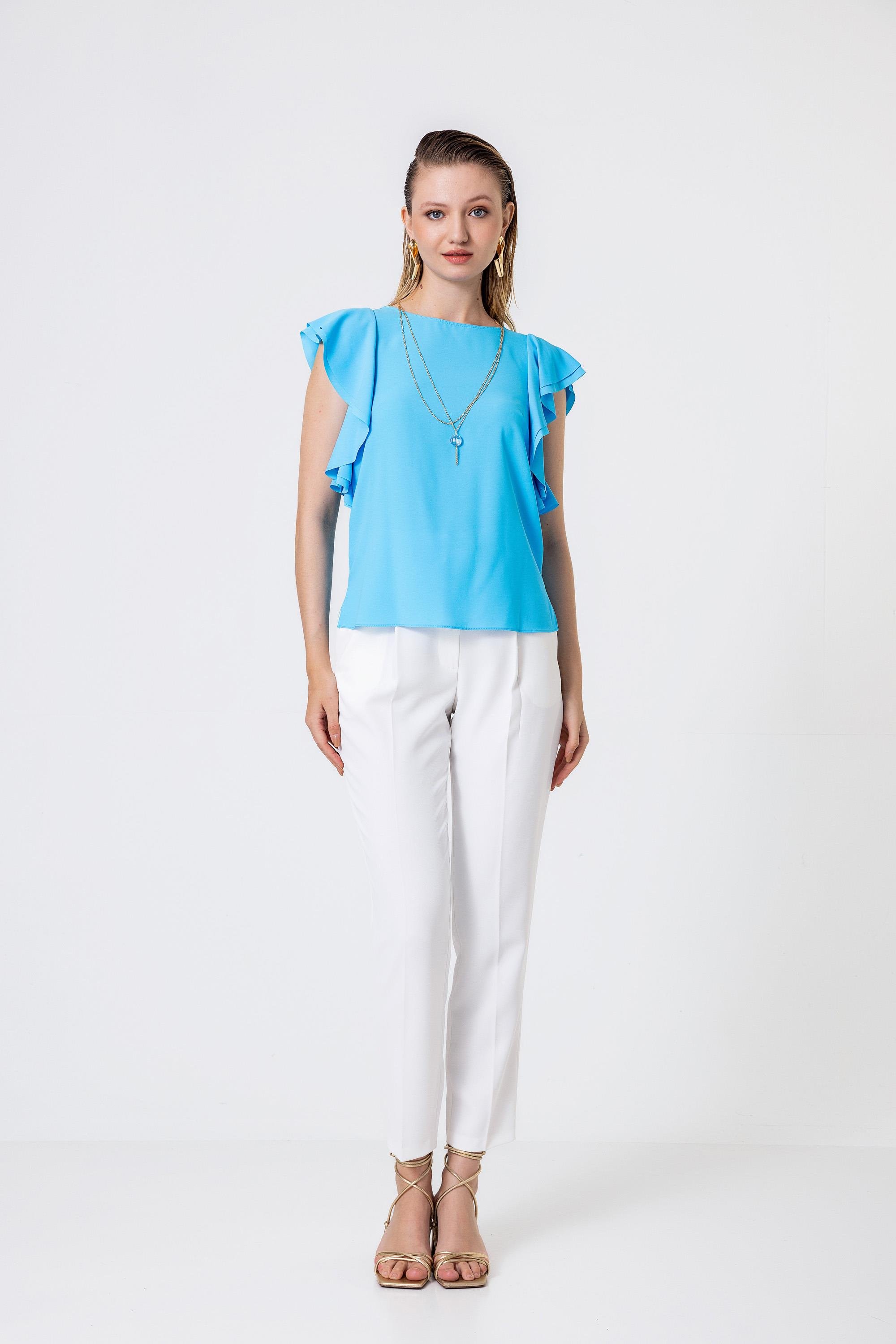 Necklace Detail Ruffled Sleeve Loose Fit Blouse Sky Blue