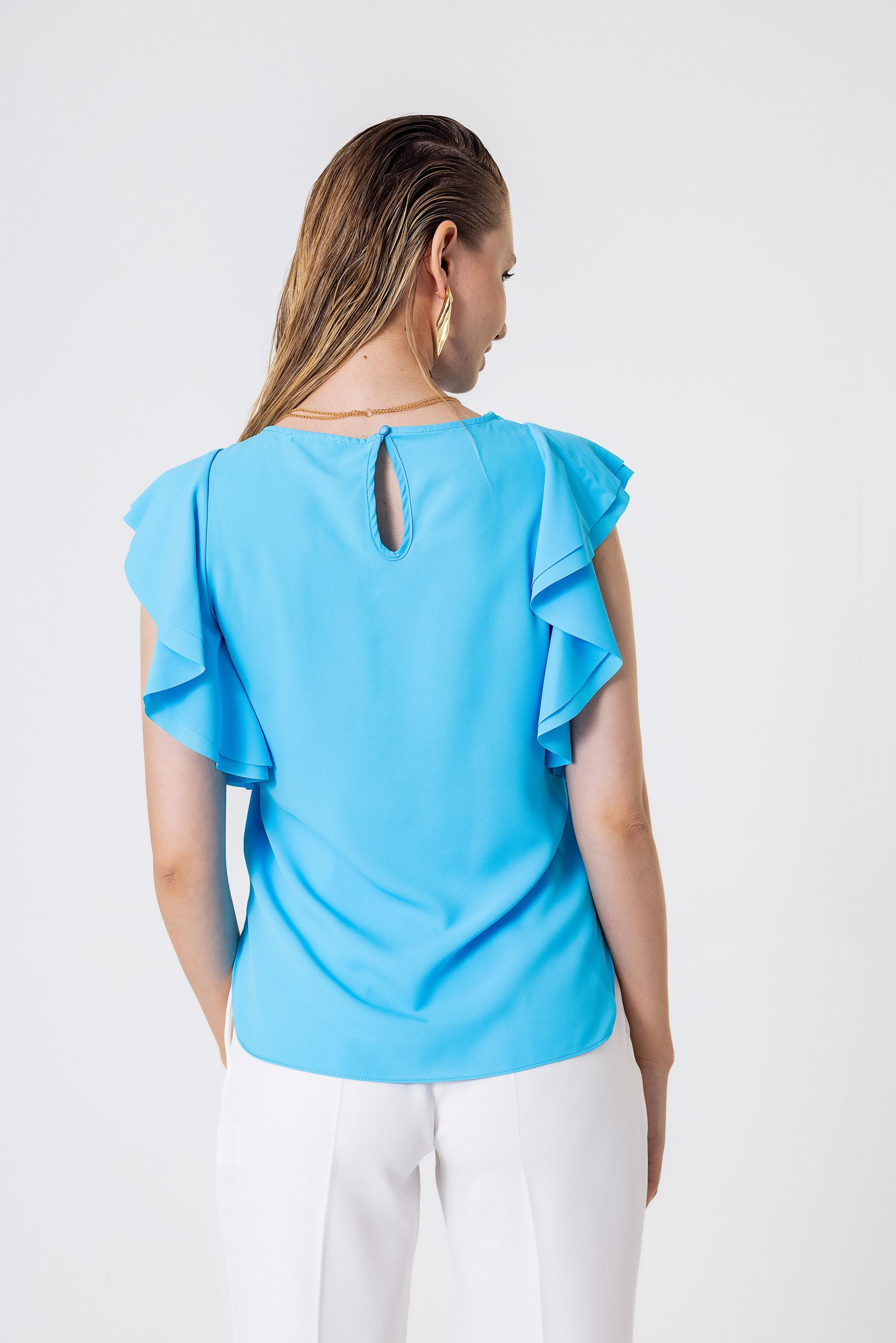 Necklace Detail Ruffled Sleeve Loose Fit Blouse Sky Blue