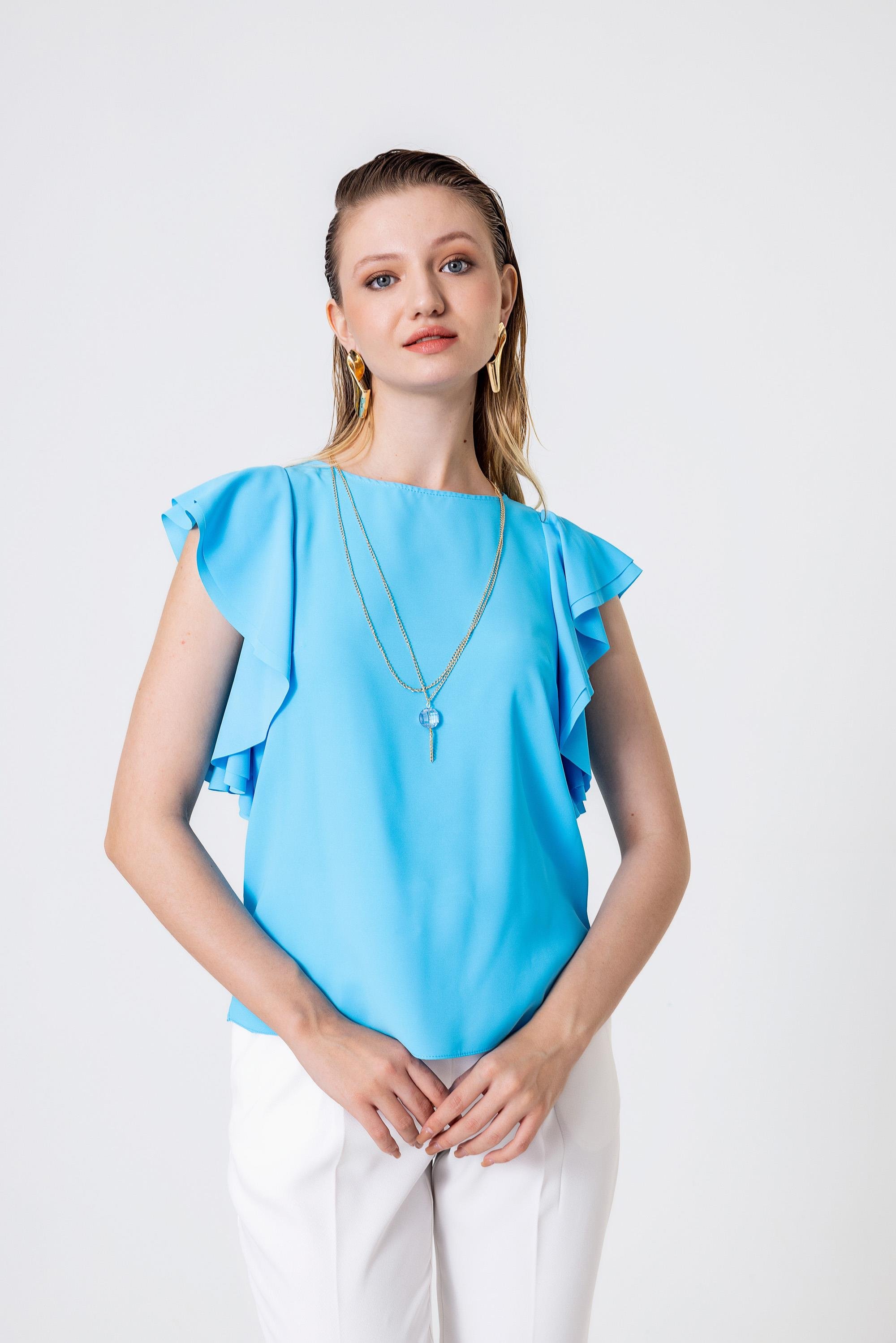 Necklace Detail Ruffled Sleeve Loose Fit Blouse Sky Blue