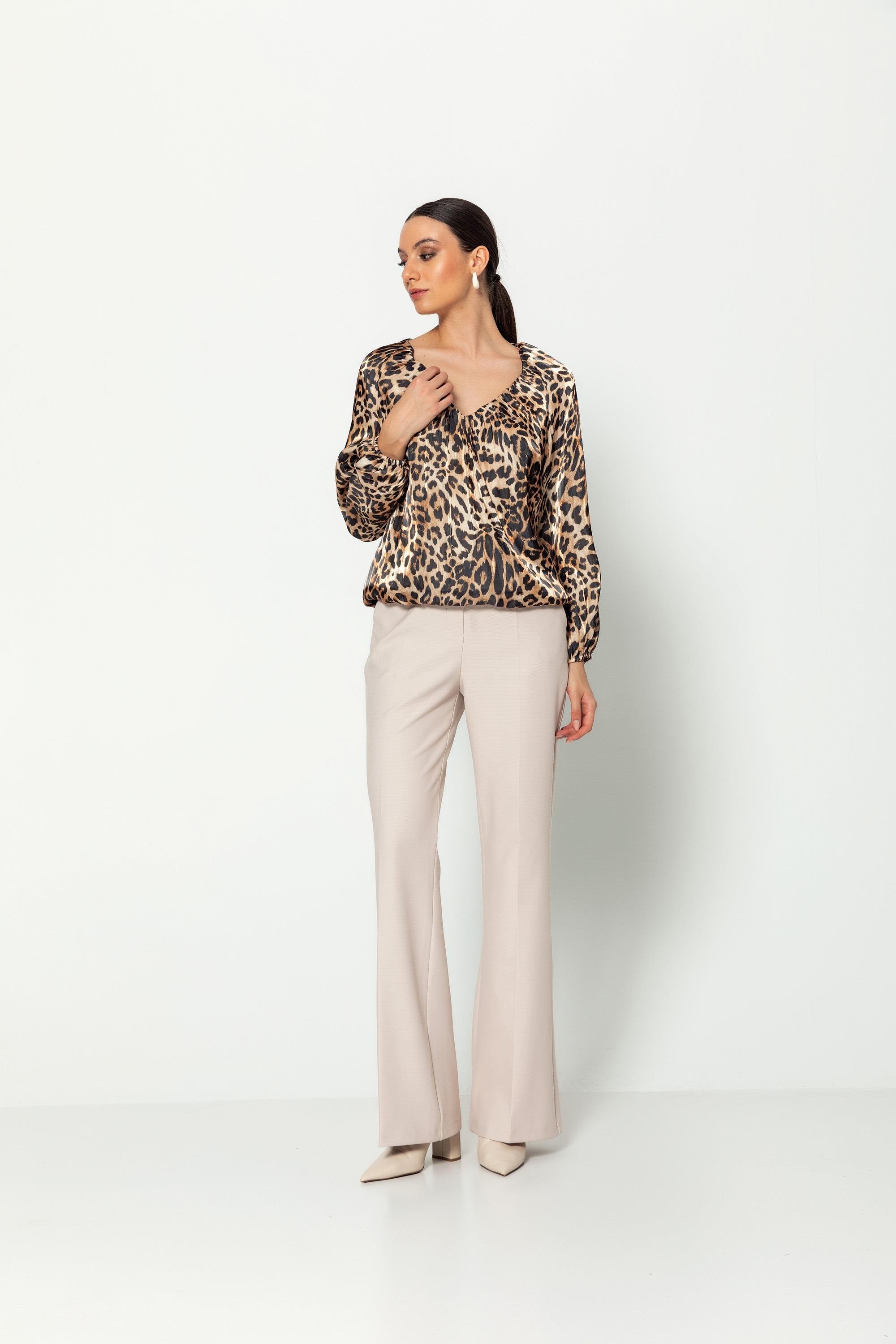 Leopar Desenli̇ V Yaka  Uzun Kollu Balon  Bluz Kahverengi