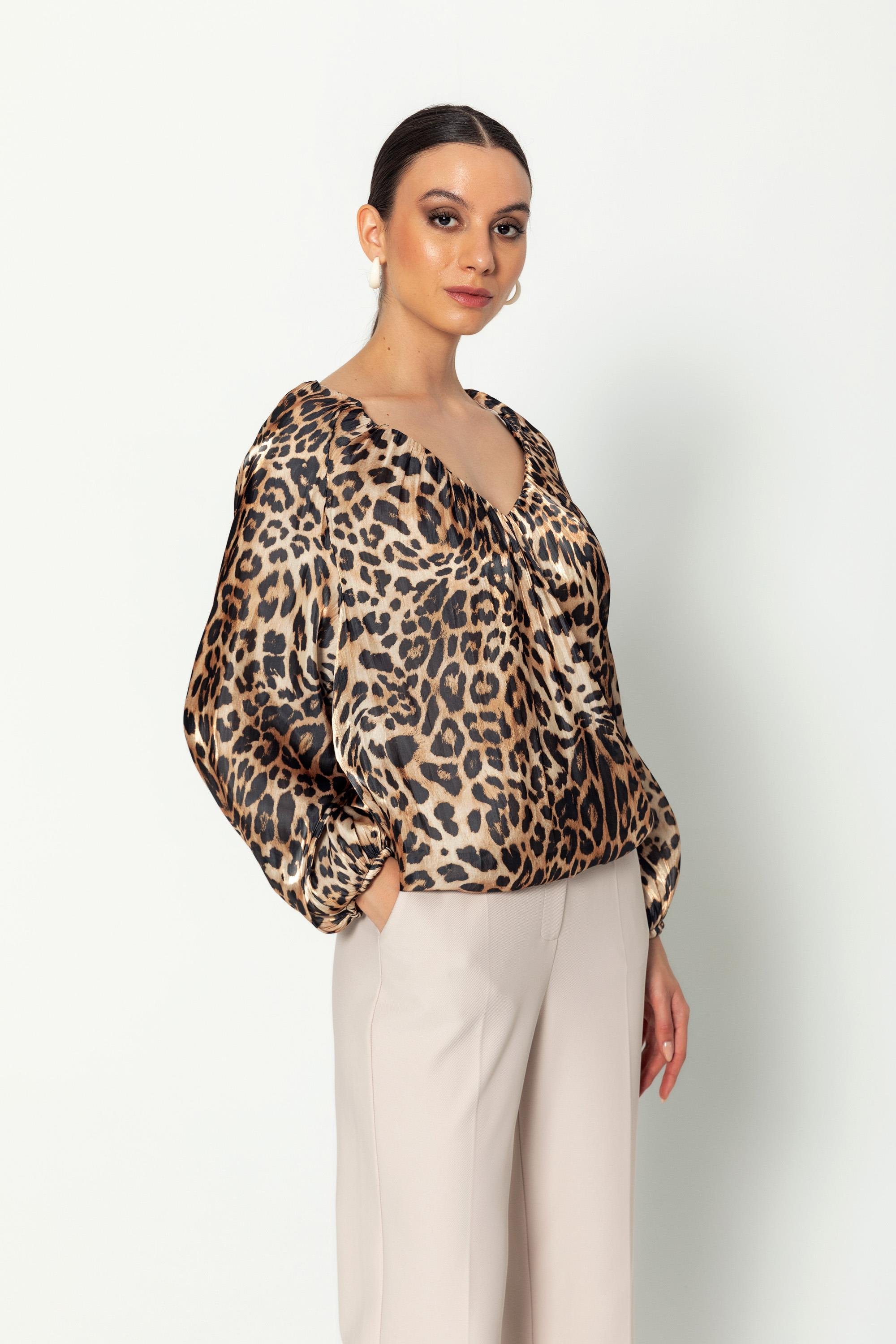 Leopar Desenli̇ V Yaka  Uzun Kollu Balon  Bluz Kahverengi