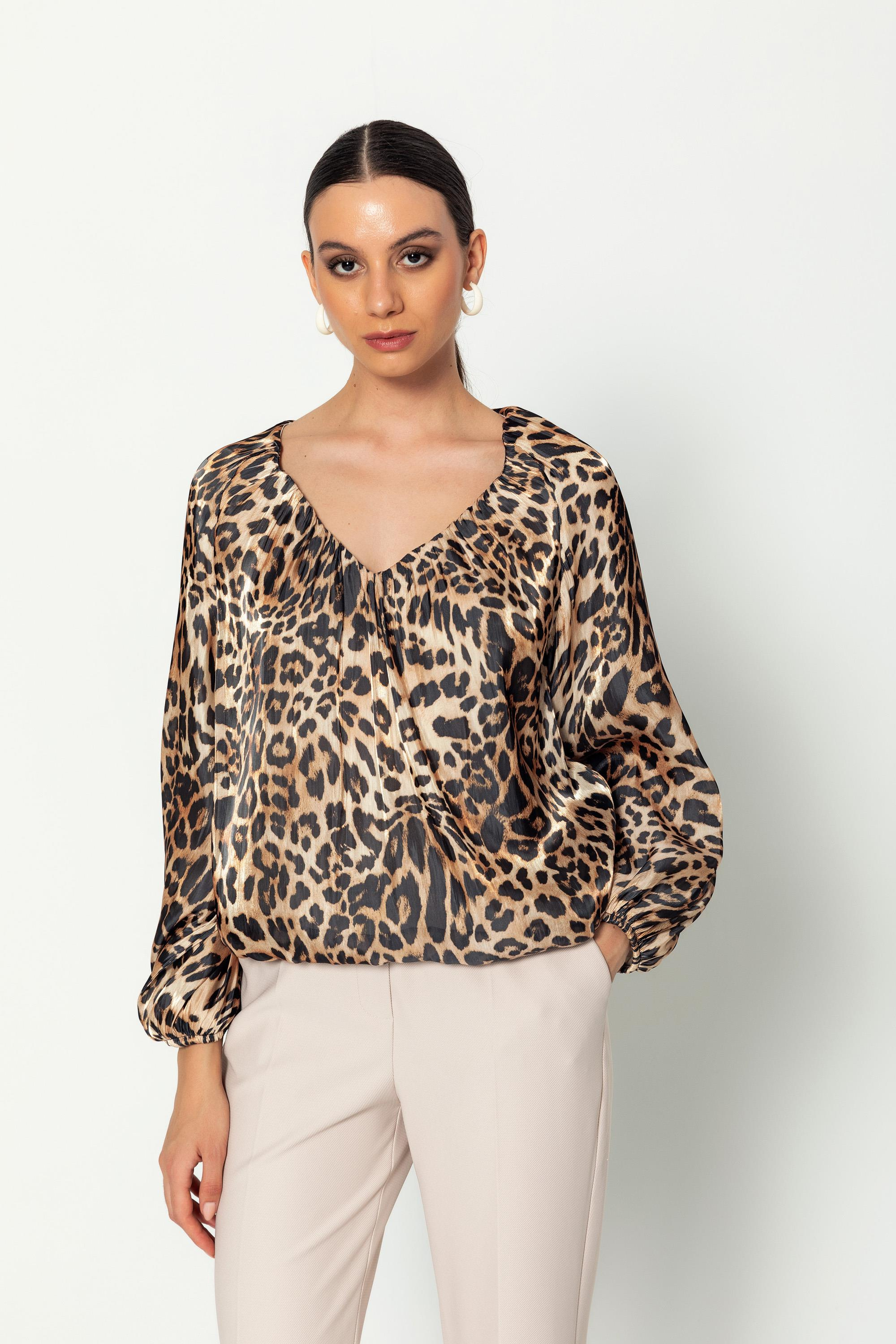 Leopar Desenli̇ V Yaka  Uzun Kollu Balon  Bluz Kahverengi
