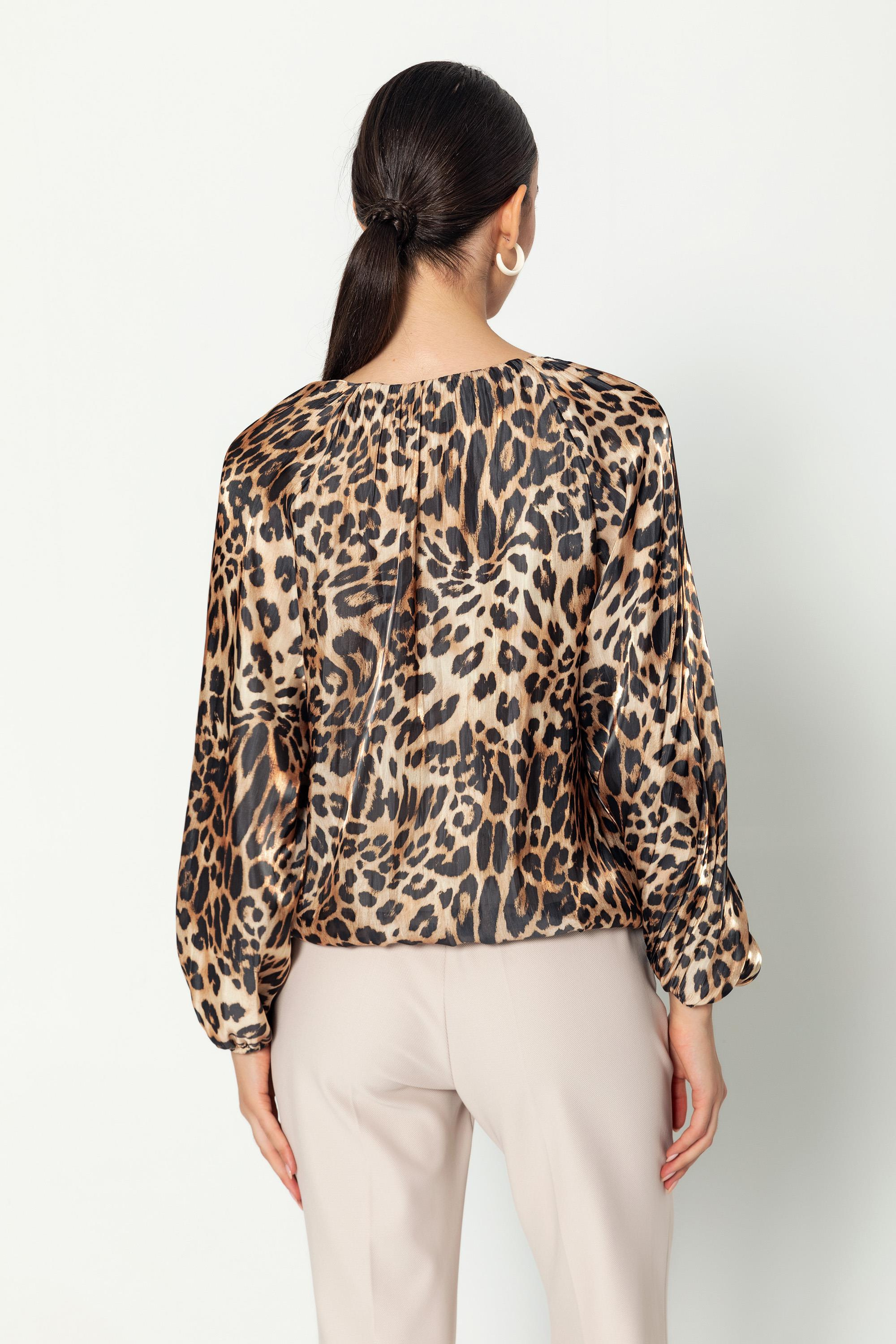 Leopar Desenli̇ V Yaka  Uzun Kollu Balon  Bluz Kahverengi