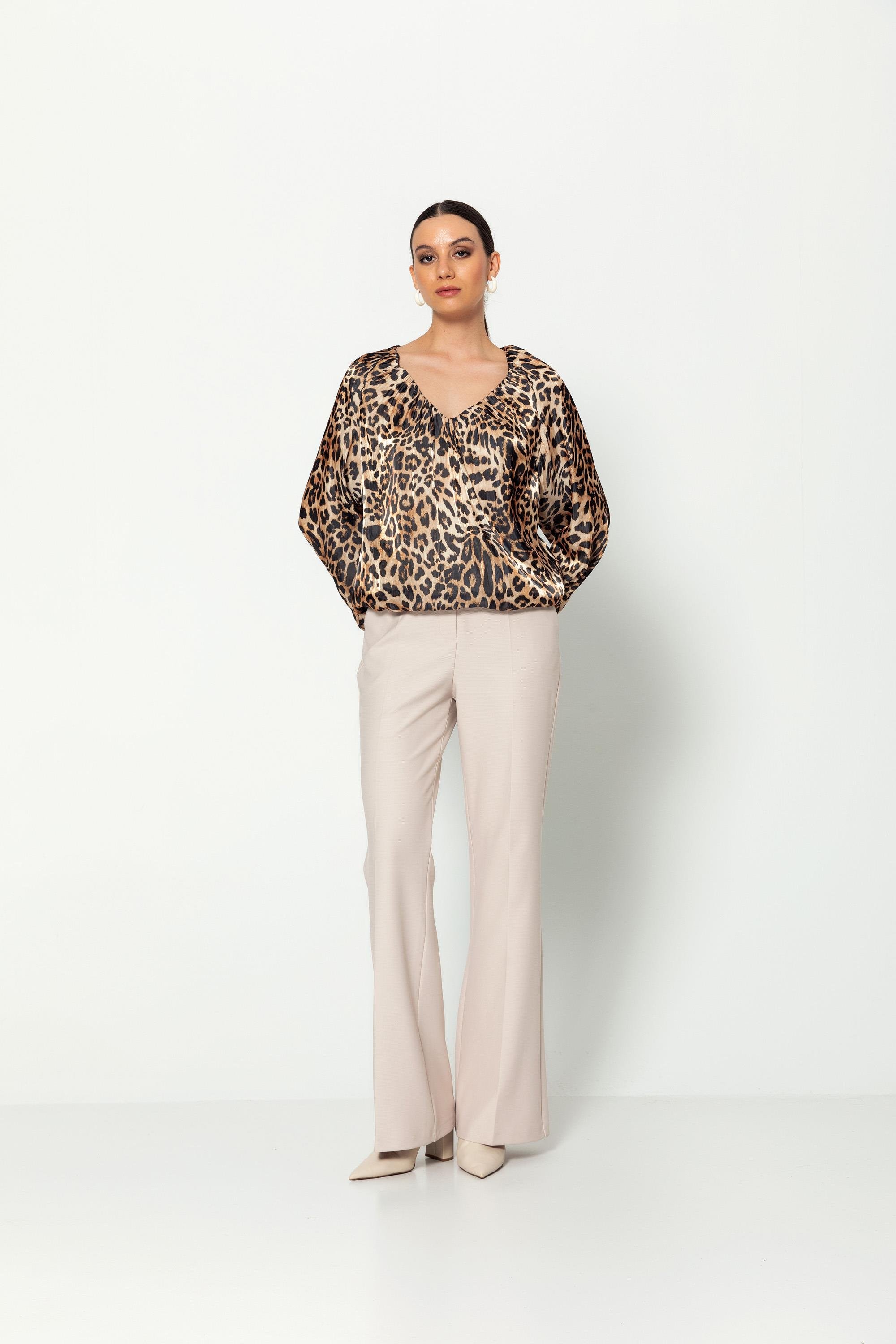 Leopar Desenli̇ V Yaka  Uzun Kollu Balon  Bluz Kahverengi
