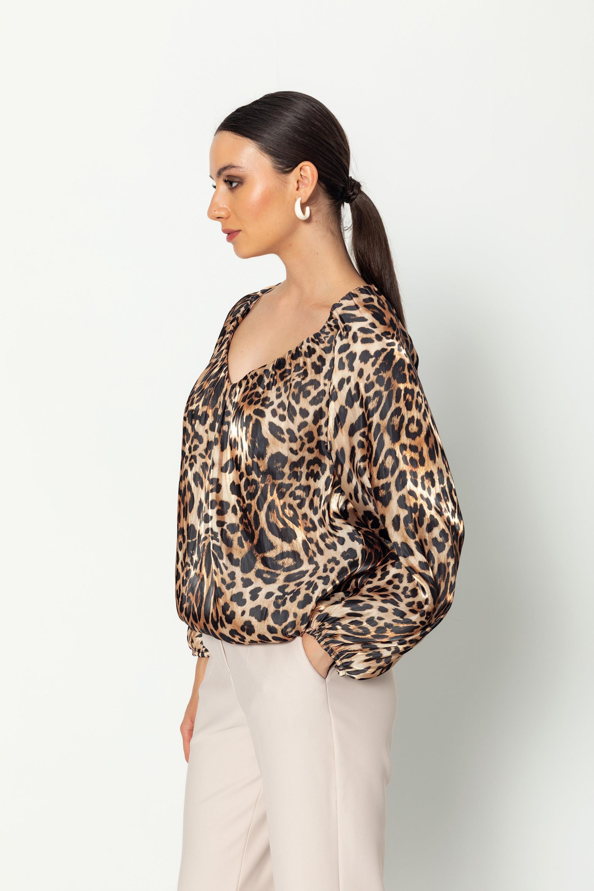 Leopar Desenli̇ V Yaka  Uzun Kollu Balon  Bluz Kahverengi