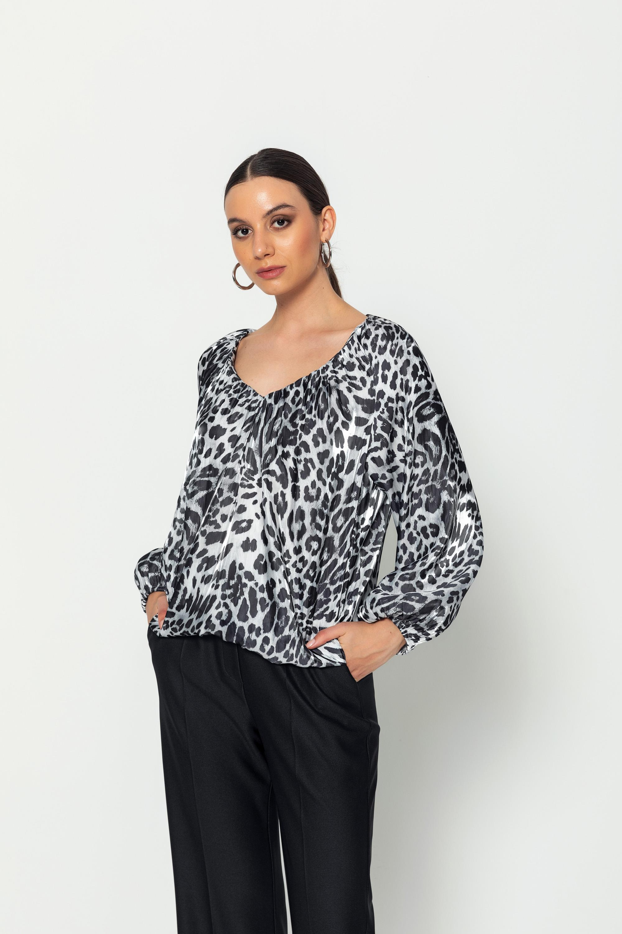 Leopar Desenli̇ V Yaka  Uzun Kollu Balon  Bluz Siyah-Beyaz