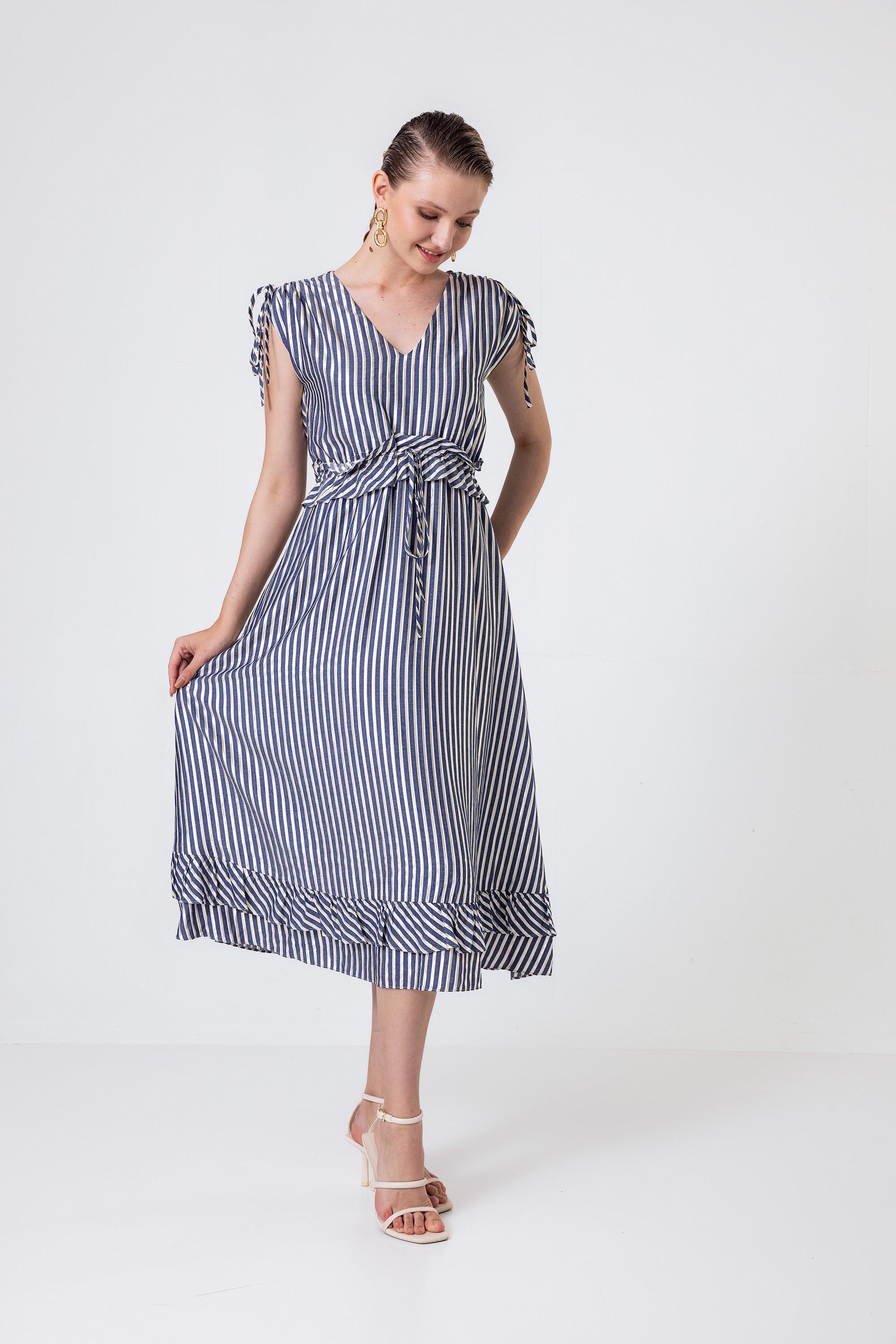 Omuzu Ve Beli Tünelli Midi Boy Elbise İndigo