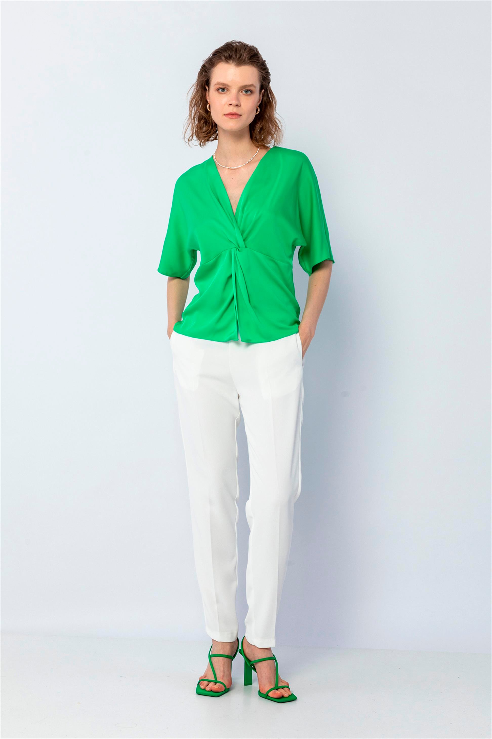 Knotted Front Casual Cut Blouse Classic Green