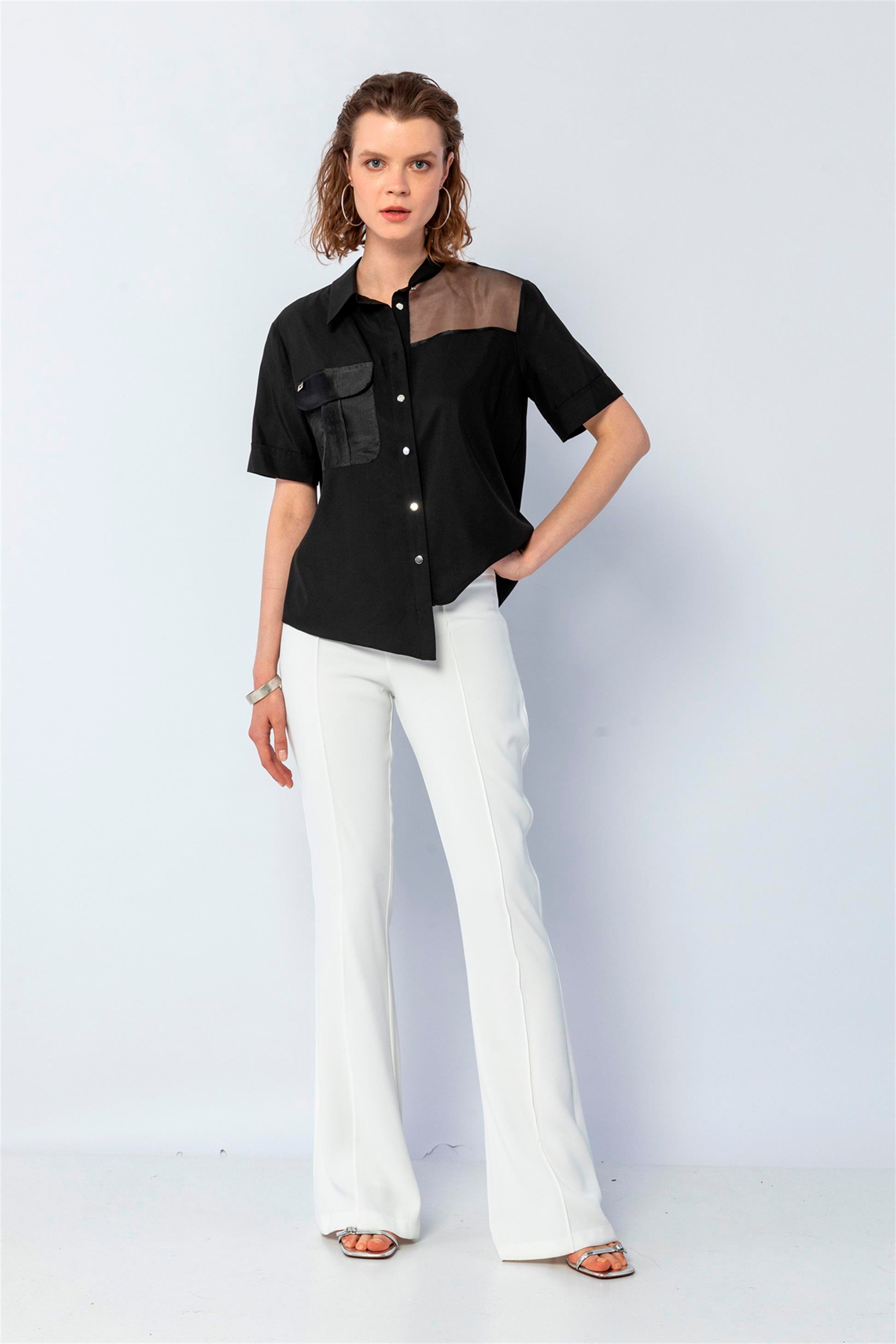 Organze Detaylı Kısa Kollu Rahat Kesim Gömlek Siyah