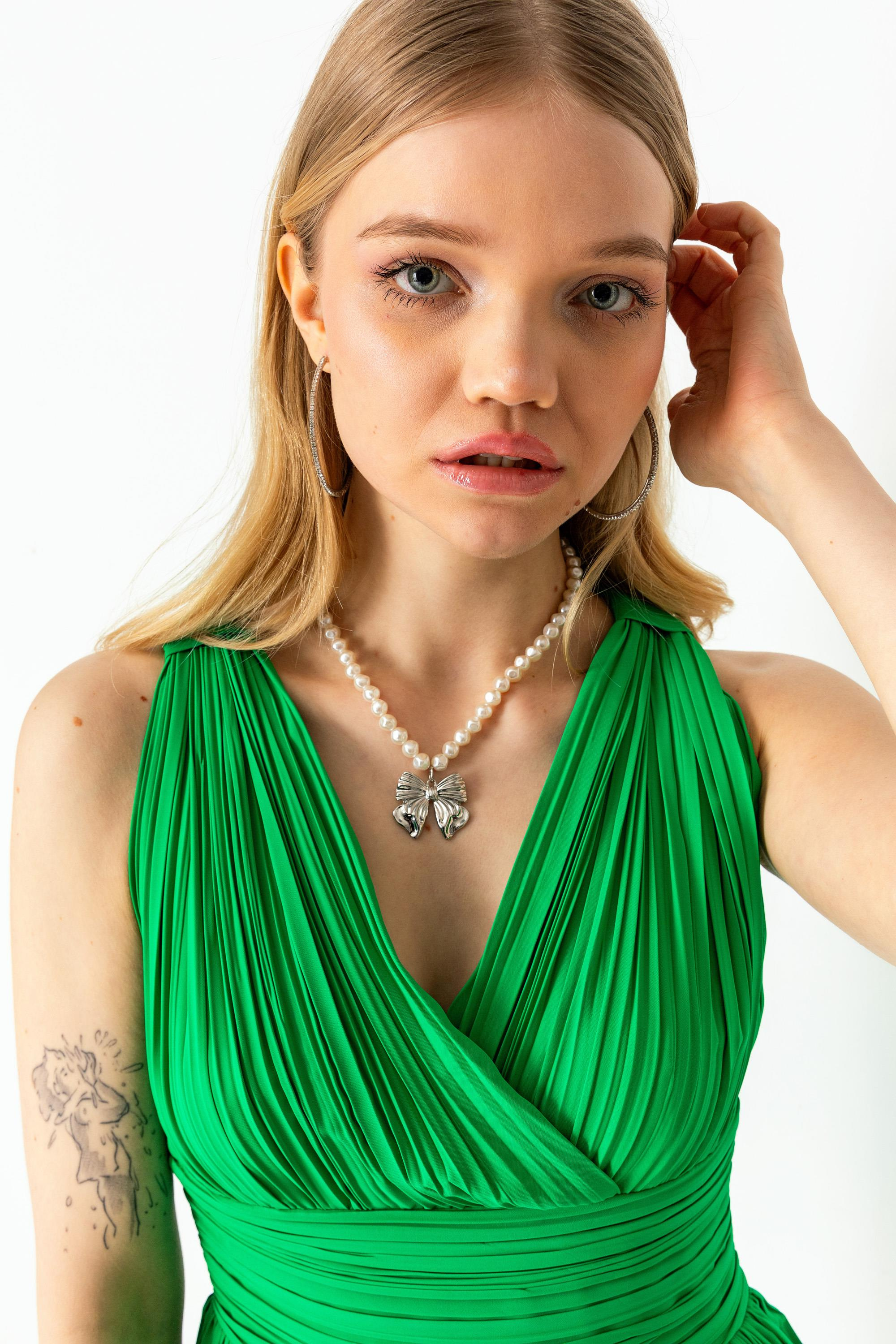 Piliseli Kat Kat Etekli Astarlı Kısa Şık Elbise Yeşil