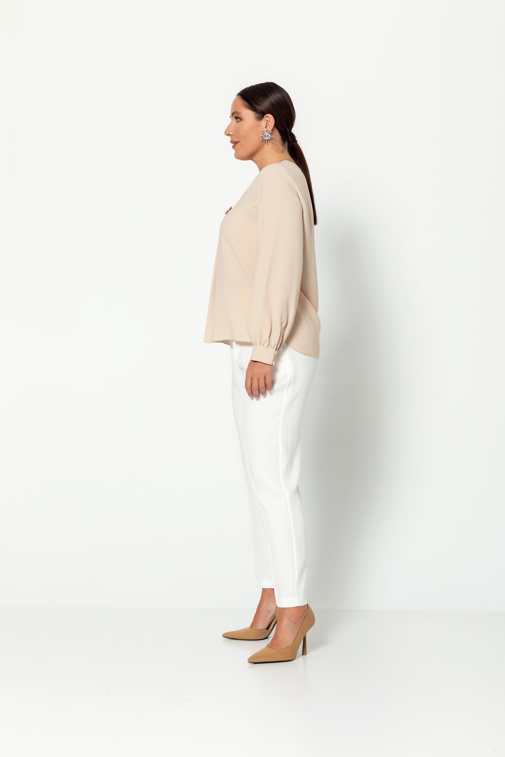 Taş Detaylı V Yaka Rahat Kesi̇m Uzun Kollu Bluz Bej