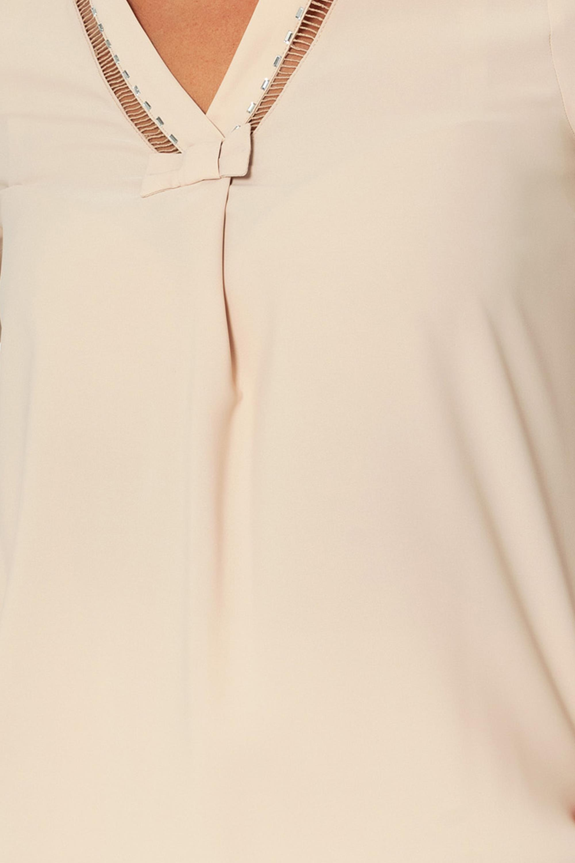 Taş Detaylı V Yaka Rahat Kesi̇m Uzun Kollu Bluz Bej