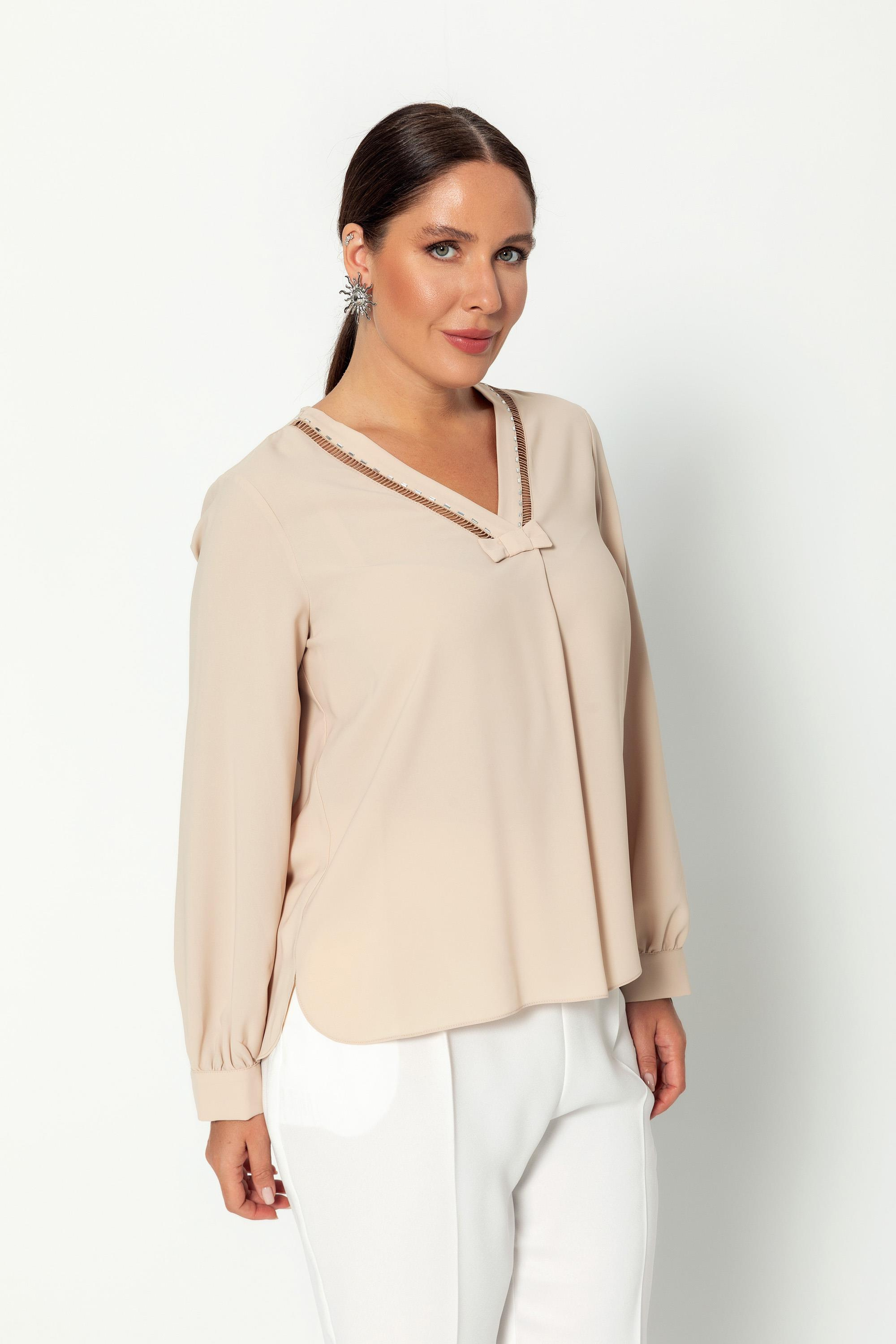 Taş Detaylı V Yaka Rahat Kesi̇m Uzun Kollu Bluz Bej
