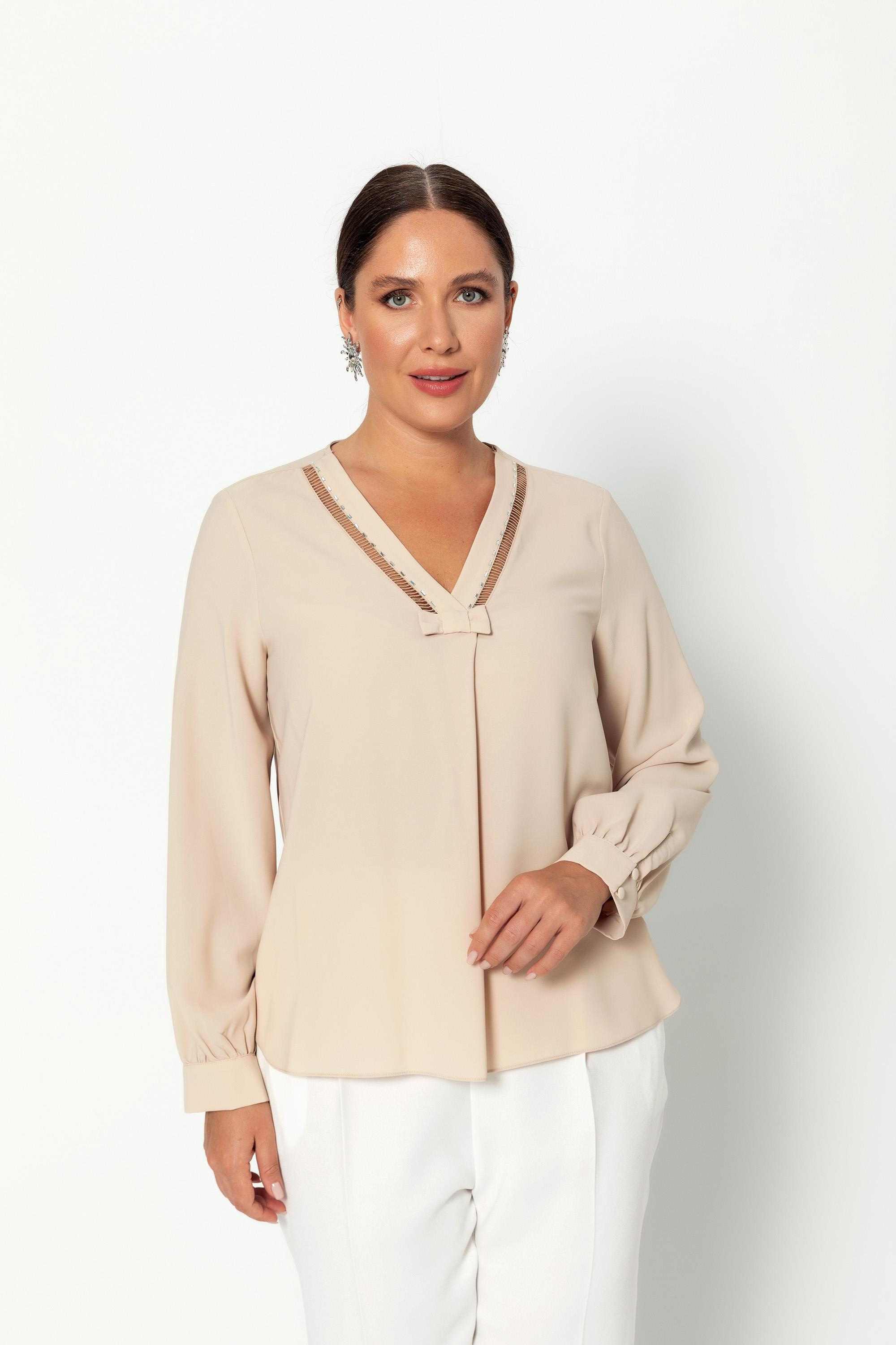 Taş Detaylı V Yaka Rahat Kesi̇m Uzun Kollu Bluz Bej