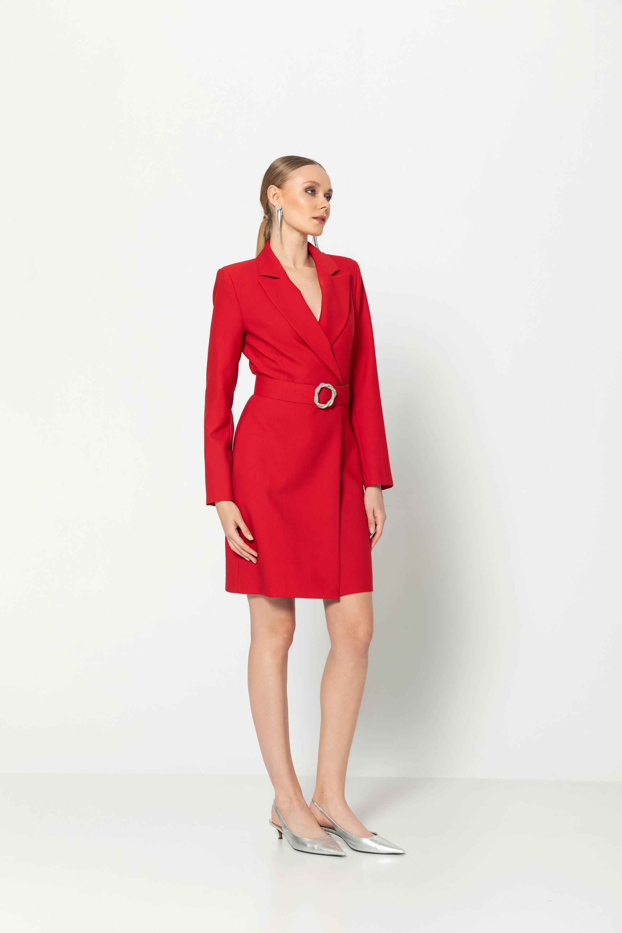 Taşlı Kemerli̇ Kruvaze Yaka Yarım Astarlı Ceket Elbi̇se Kırmızı