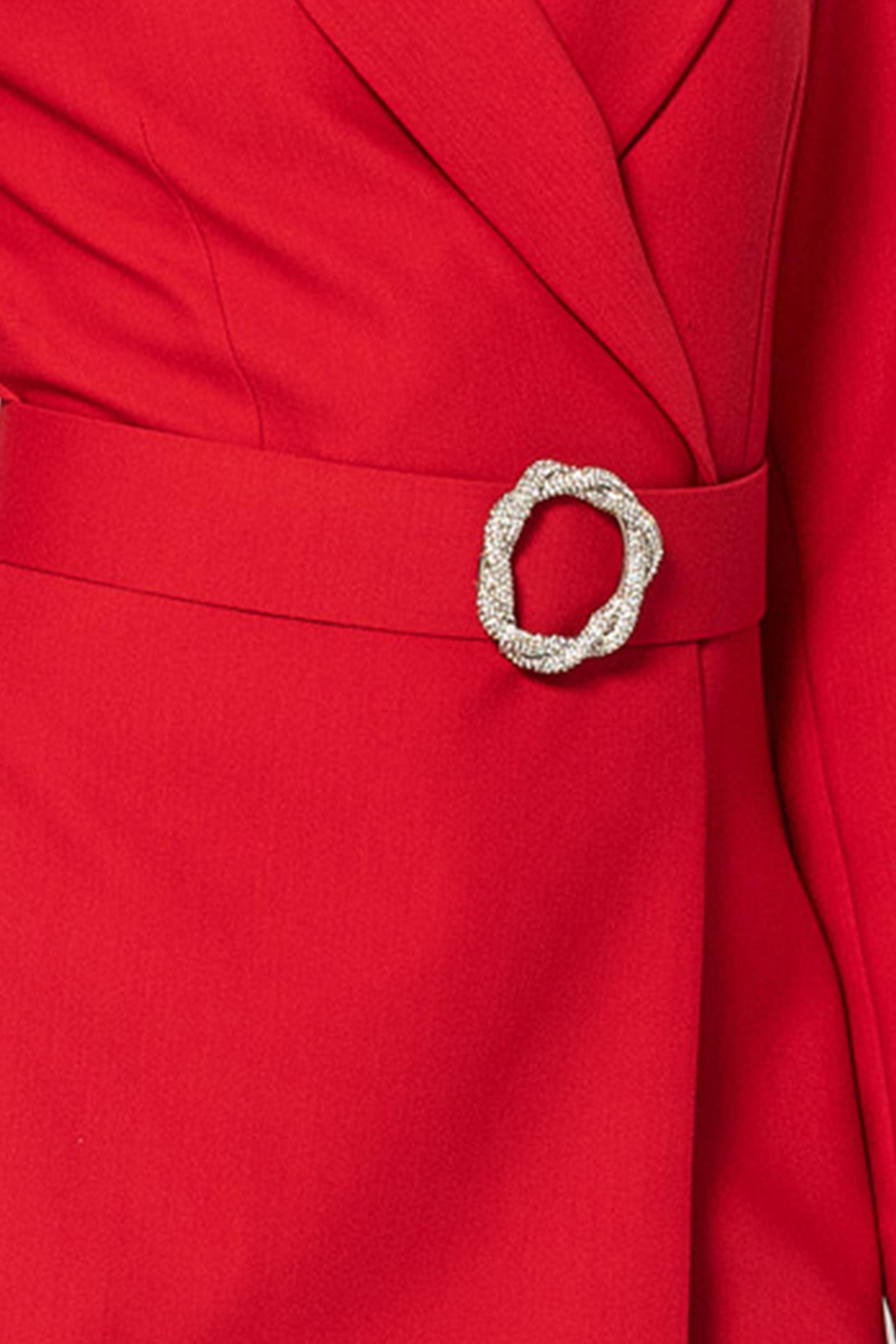 Taşlı Kemerli̇ Kruvaze Yaka Yarım Astarlı Ceket Elbi̇se Kırmızı